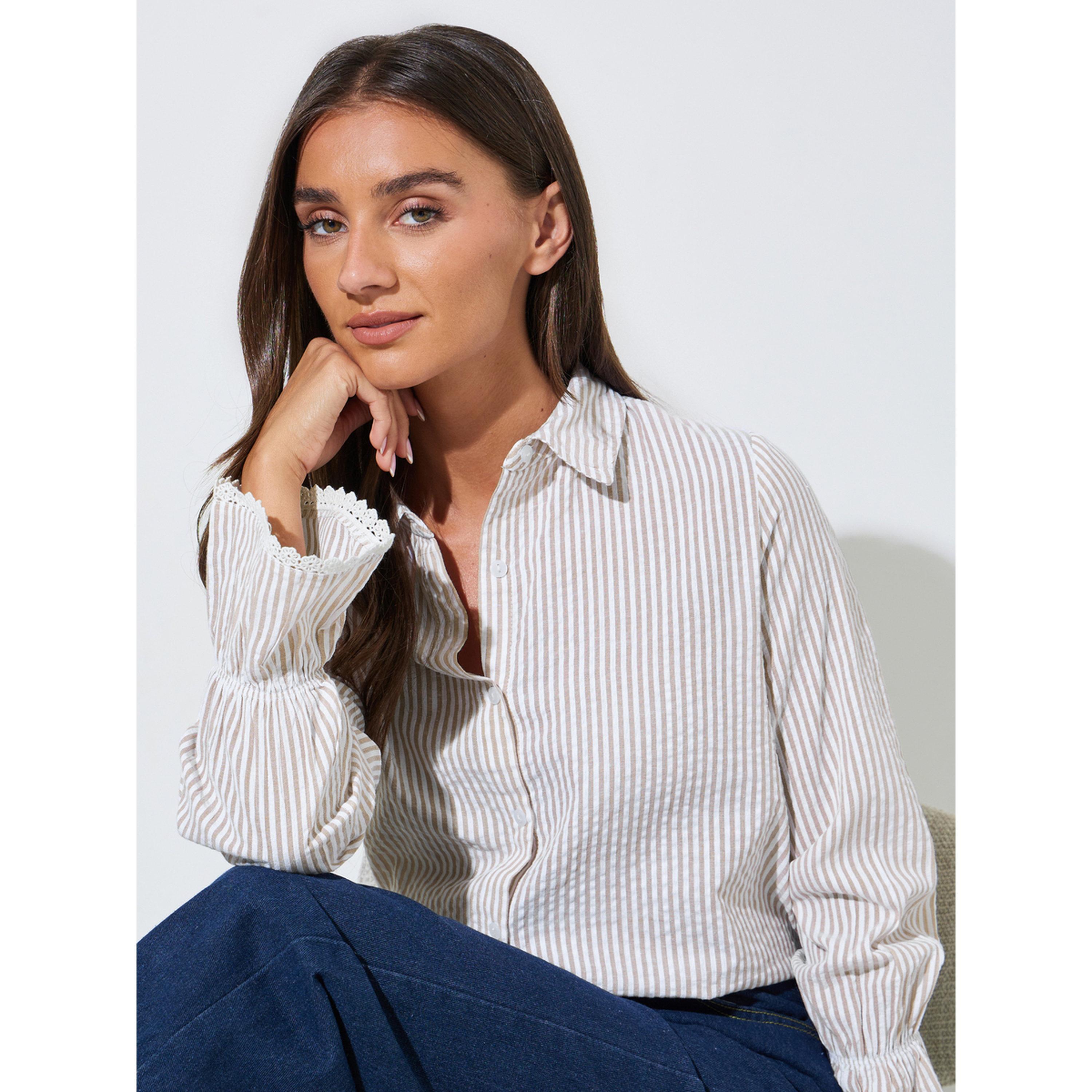 Styli Beige Striped Regular Fit Shirt with Lace Trims Long Cuffed Sleeves-women-clothing-shirtsandblouses-shirts-image-4