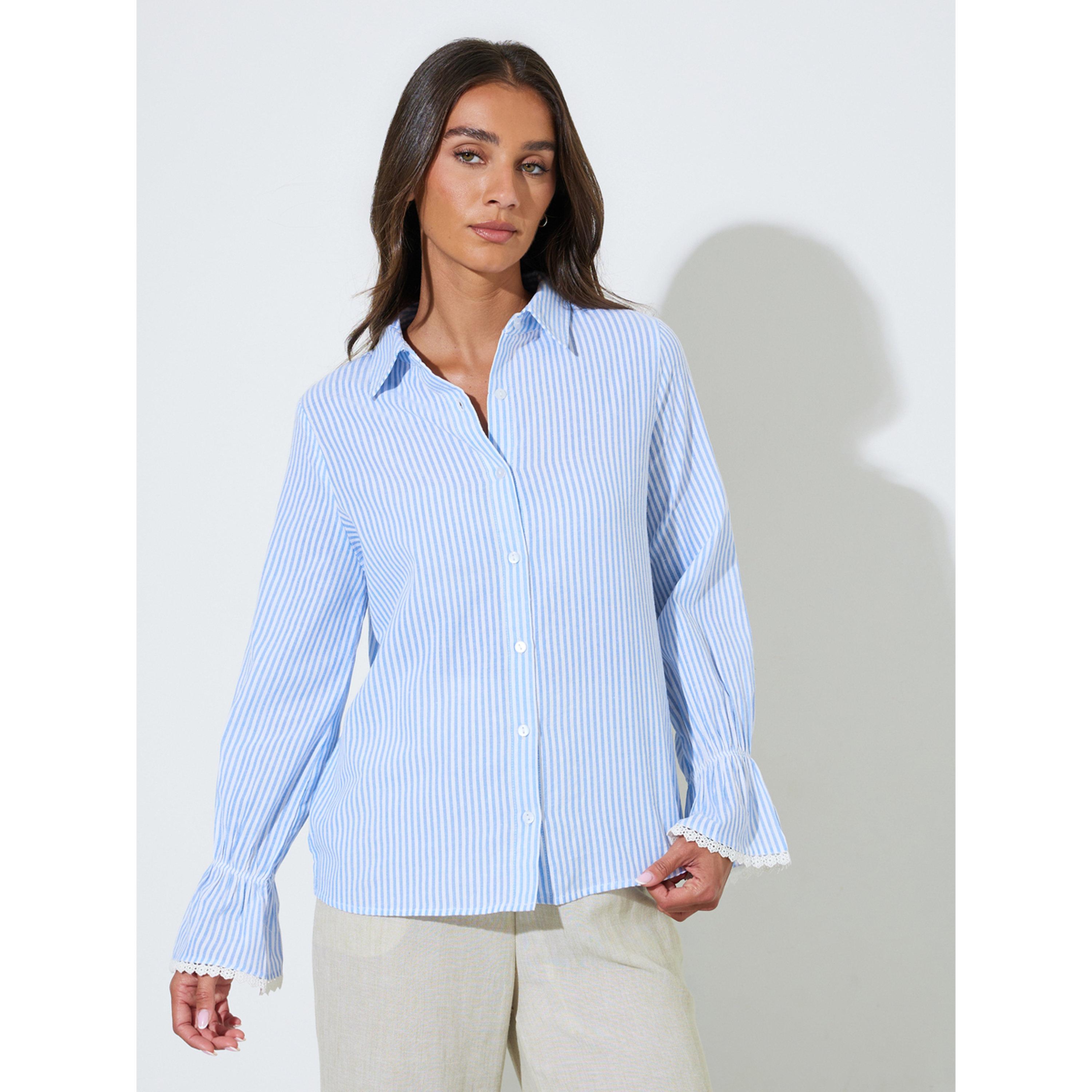 ستايلي - قميص أزرق مخطط بقصة عادية مزين بالدانتيل وأكمام طويلة بأساور-women-clothing-shirtsandblouses-shirts-image-1