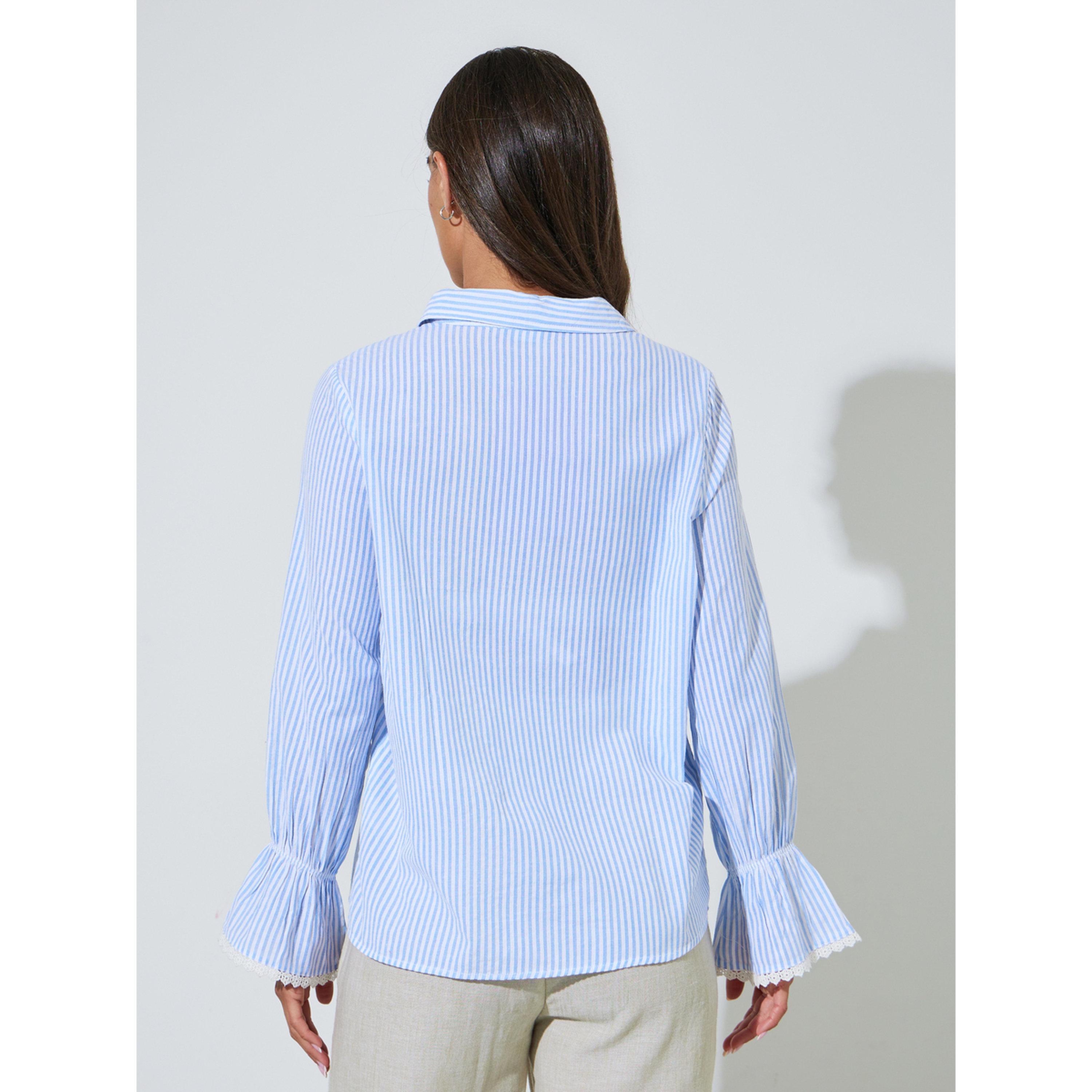 ستايلي - قميص أزرق مخطط بقصة عادية مزين بالدانتيل وأكمام طويلة بأساور-women-clothing-shirtsandblouses-shirts-image-3