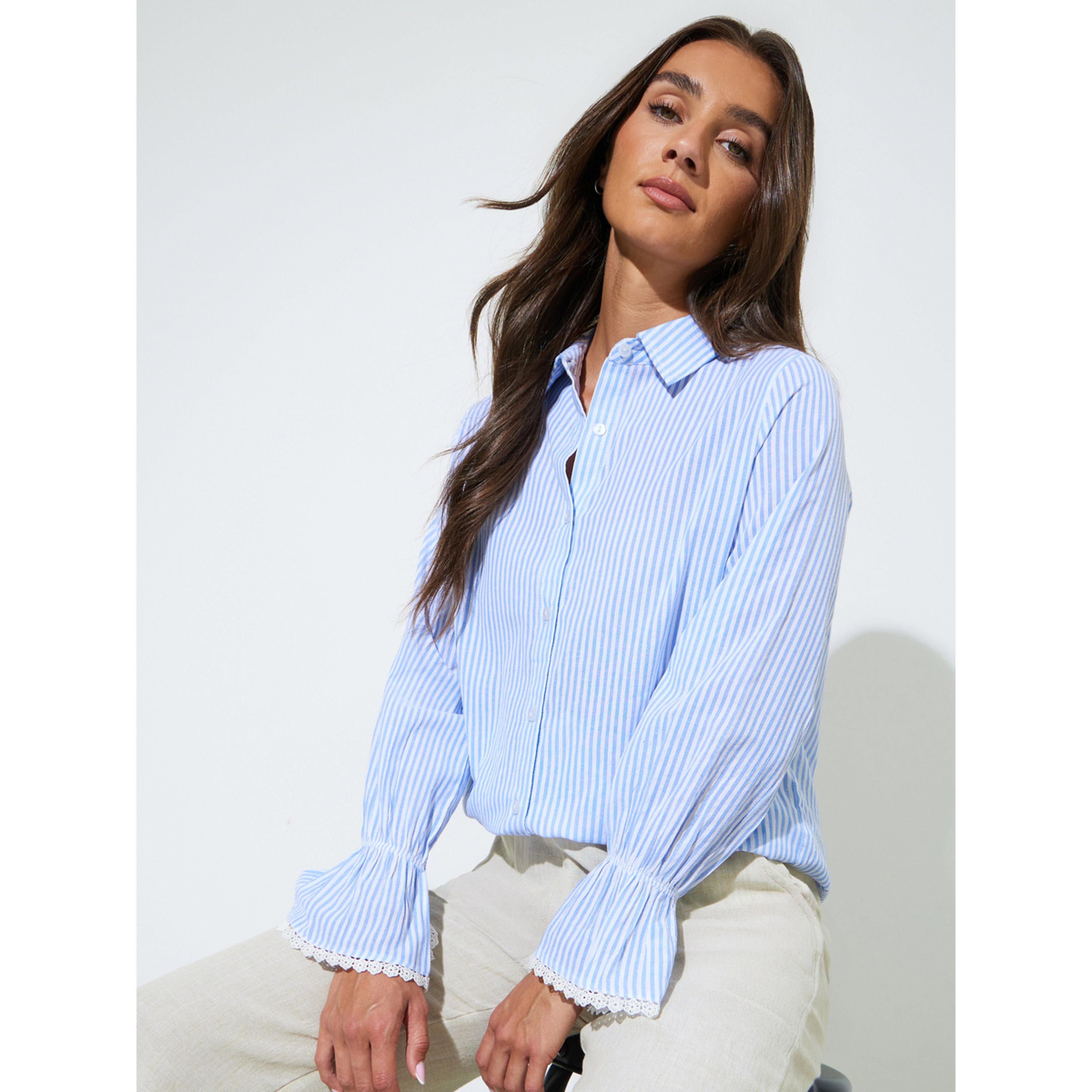ستايلي - قميص أزرق مخطط بقصة عادية مزين بالدانتيل وأكمام طويلة بأساور-women-clothing-shirtsandblouses-shirts-image-4