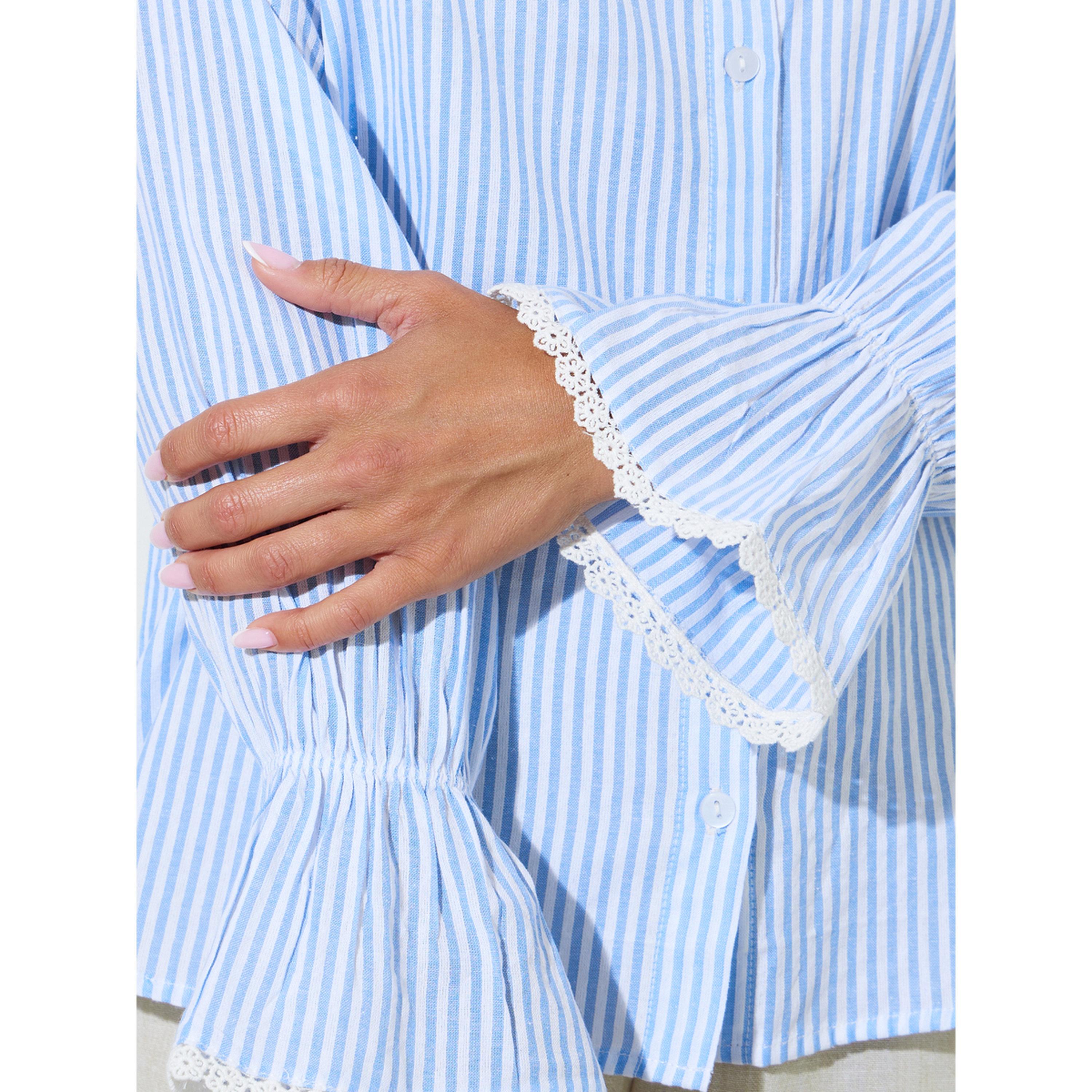 ستايلي - قميص أزرق مخطط بقصة عادية مزين بالدانتيل وأكمام طويلة بأساور-women-clothing-shirtsandblouses-shirts-image-5