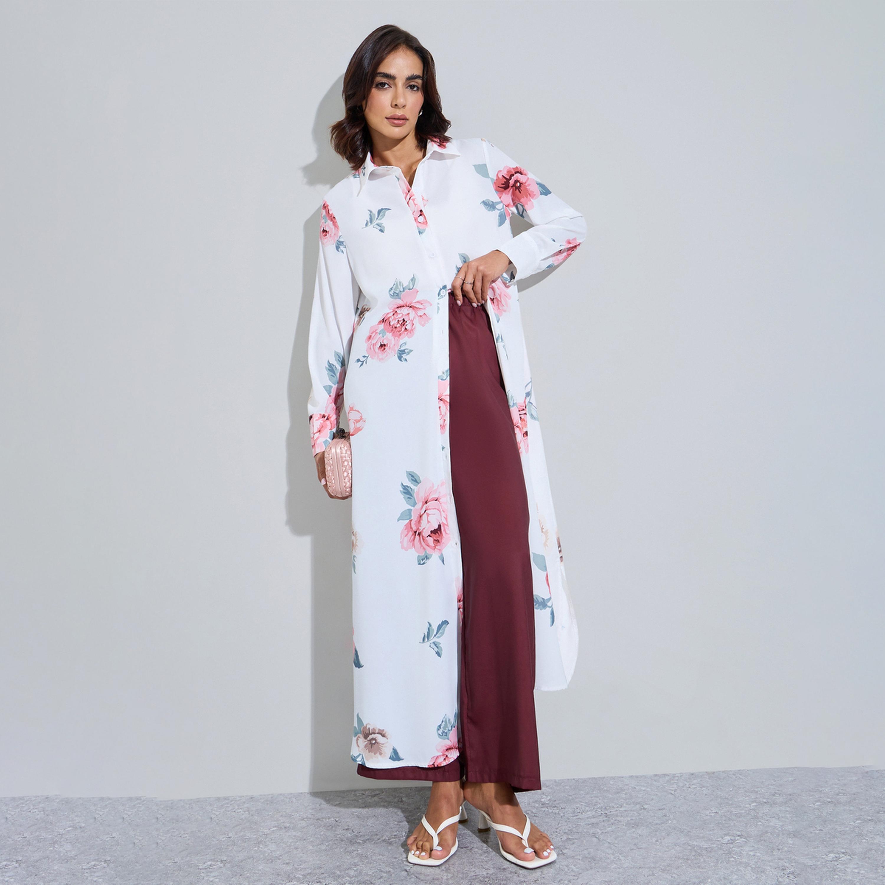 طقم محافظ من قميص طويل بقصة عادية وبنطال بطبعة زهور-women-arabicclothing-sets-image-1