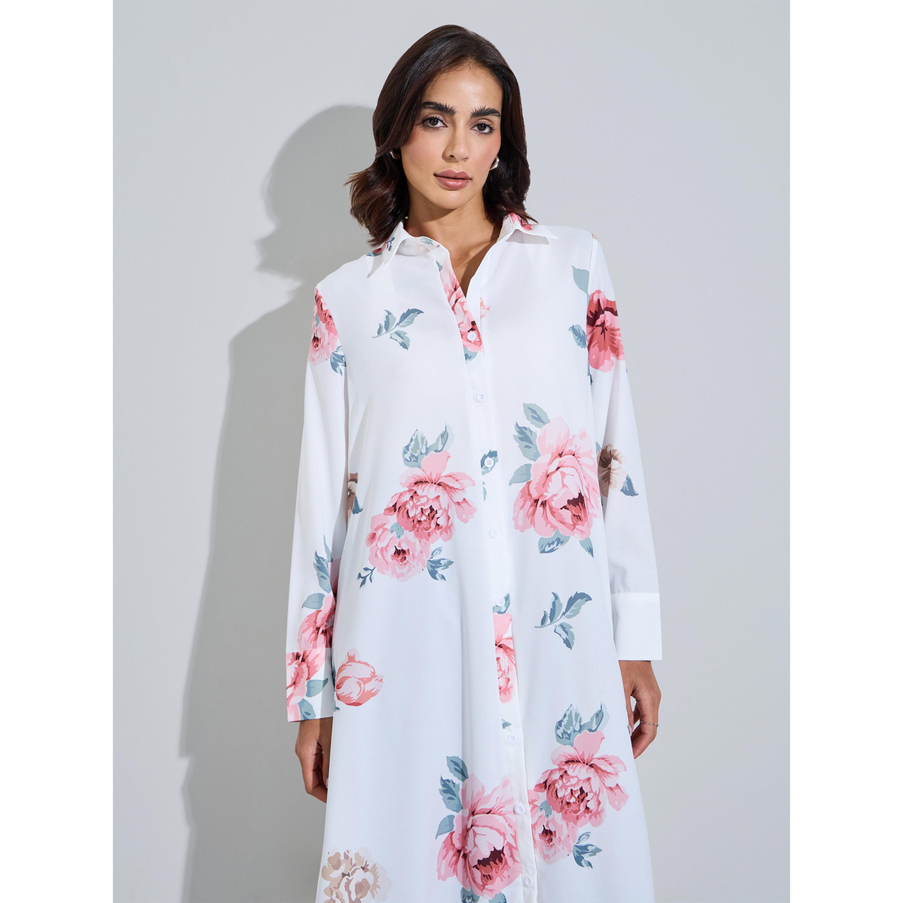 طقم محافظ من قميص طويل بقصة عادية وبنطال بطبعة زهور-women-arabicclothing-sets-image-2