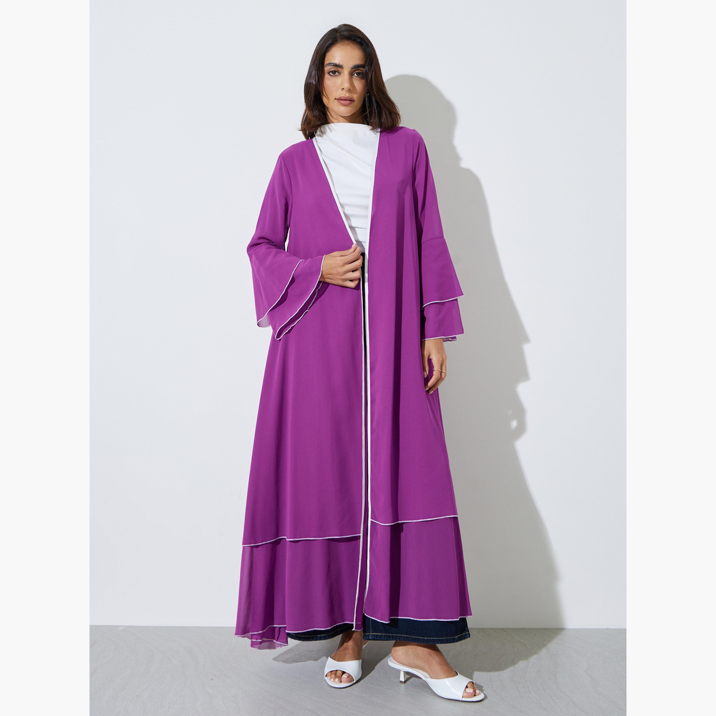 Amirah X Styli Purple Layered Sleeves Open Front Abaya-women-arabicclothing-abayas-image-1