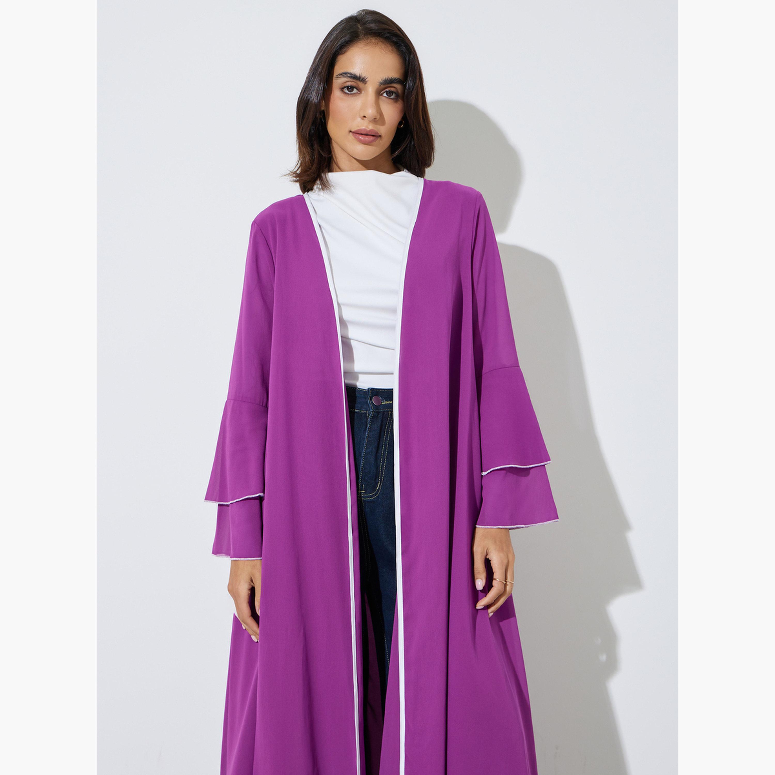 Amirah X Styli Purple Layered Sleeves Open Front Abaya-women-arabicclothing-abayas-image-2