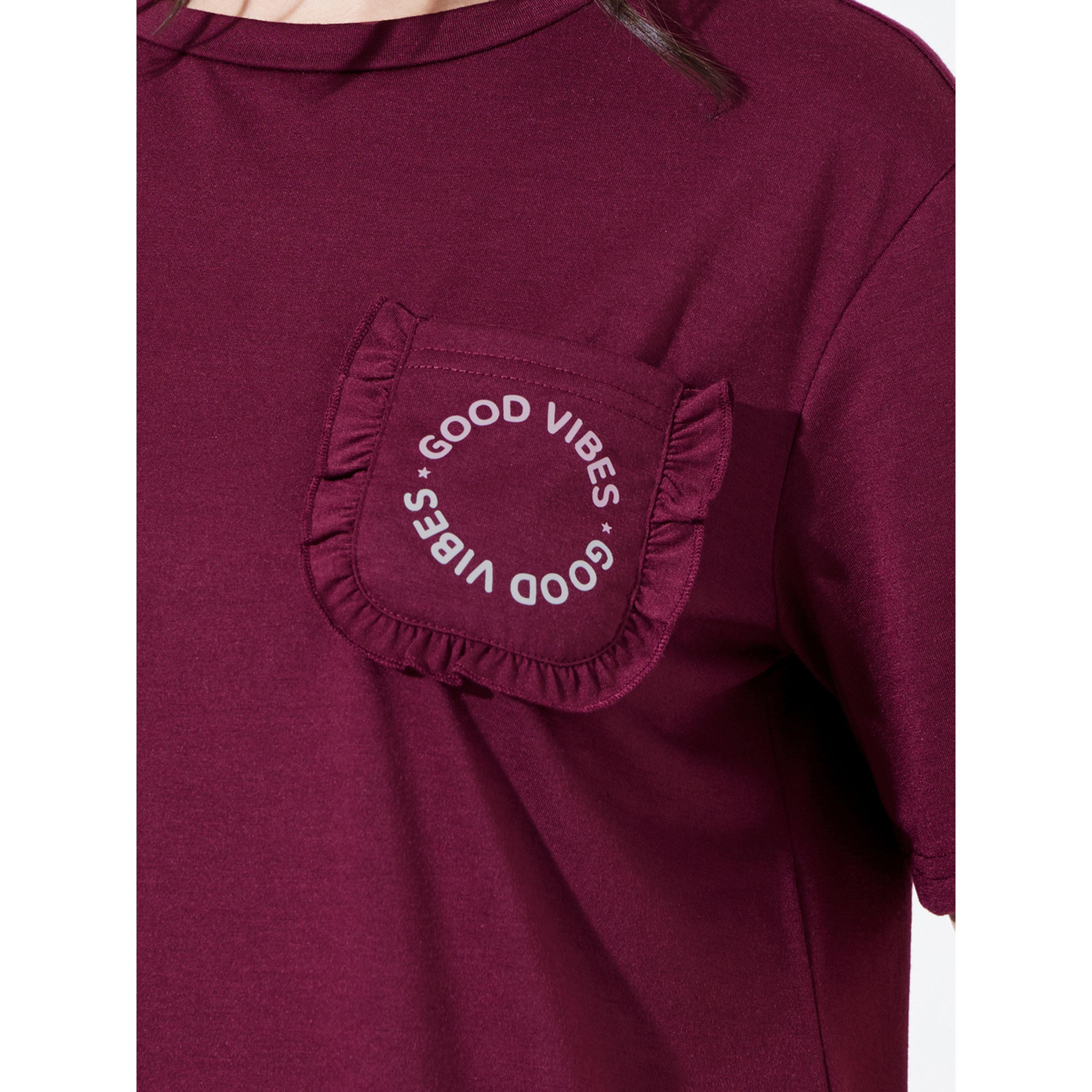Styli Burgundy Pocket Ruffle Good Vibes Circle Slogan Sleep T-Shirt-women-clothing-nightwear-nighties-image-5