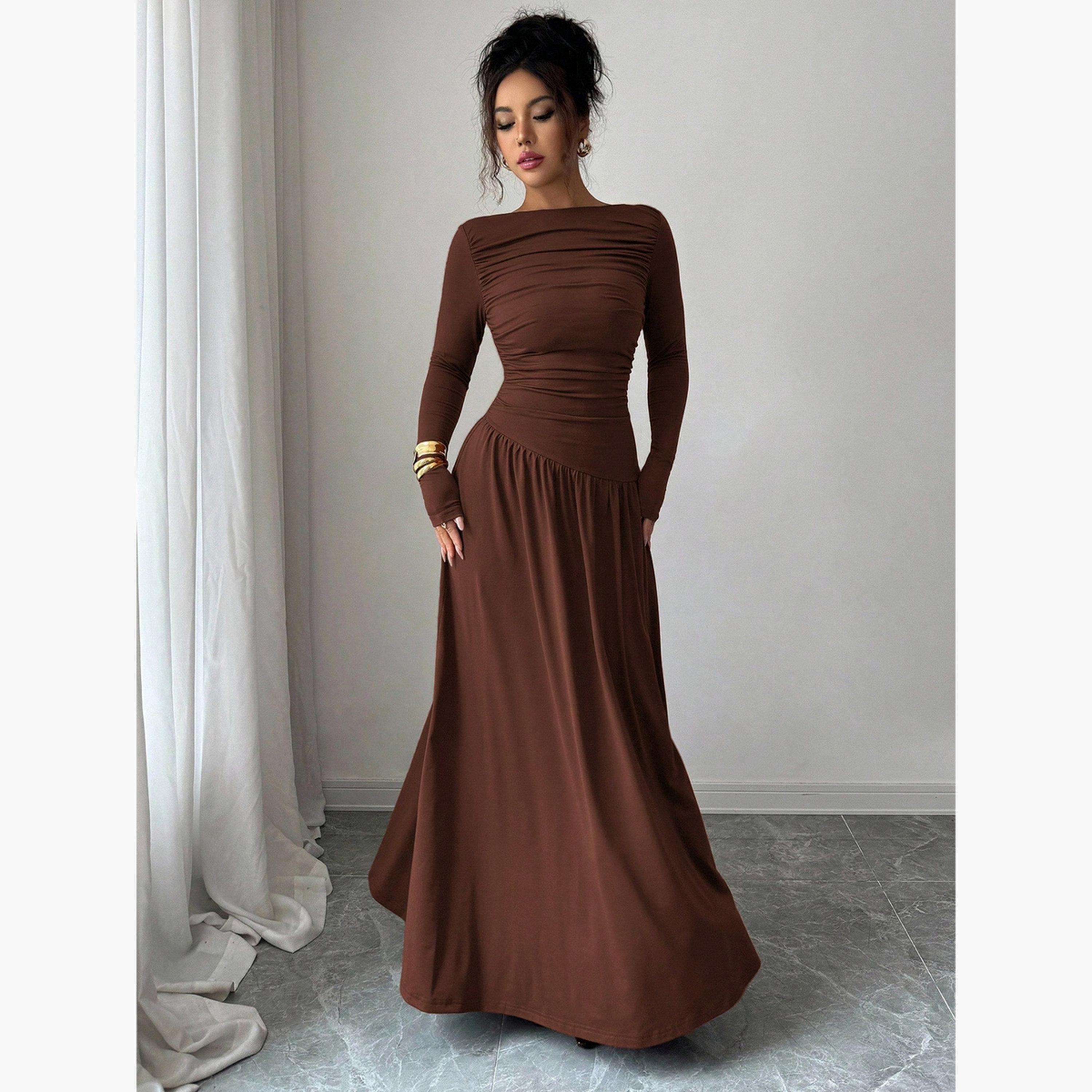 Styli Brown Ruched A-Line Maxi Dress-women-clothing-dresses-image-1