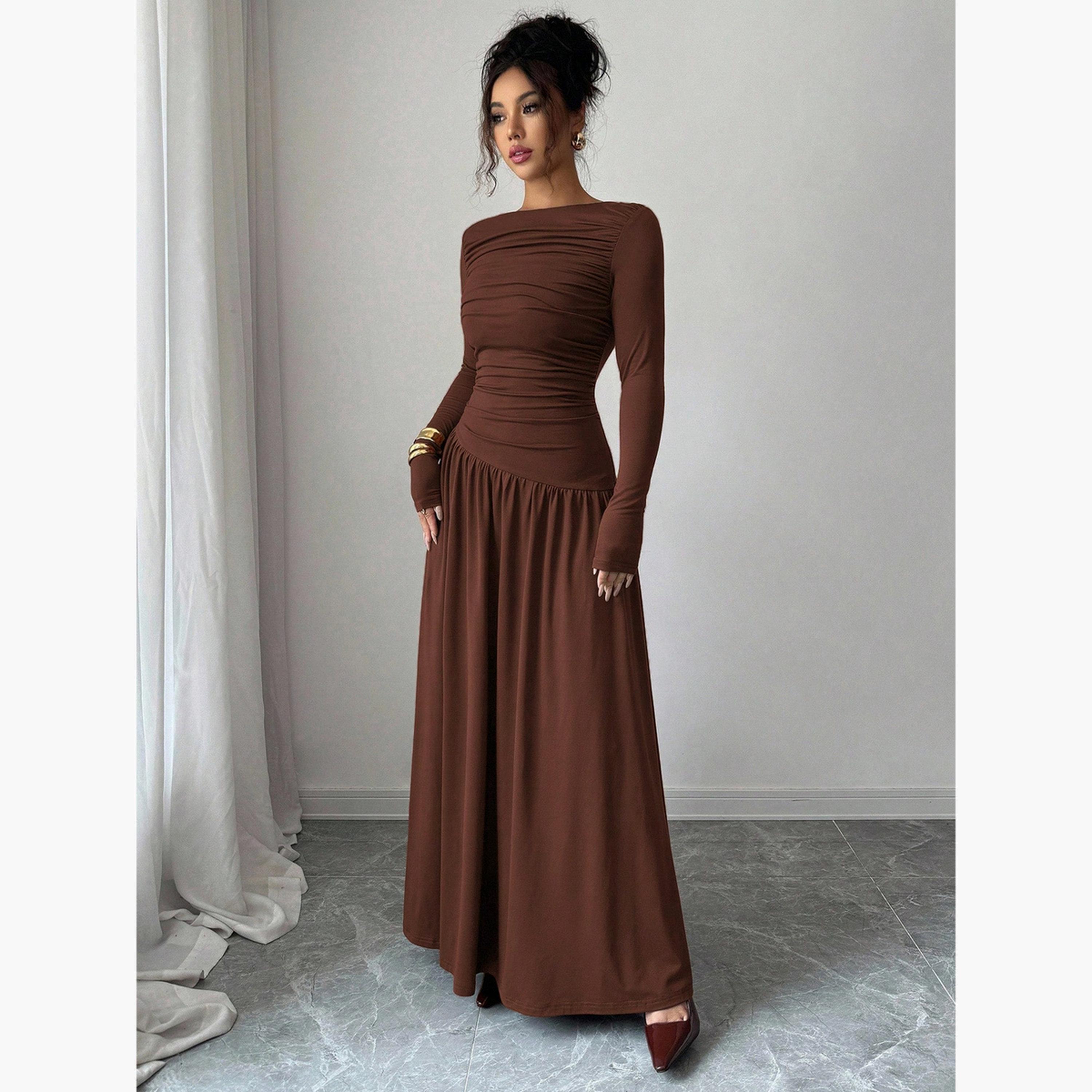 Styli Brown Ruched A-Line Maxi Dress-women-clothing-dresses-image-2