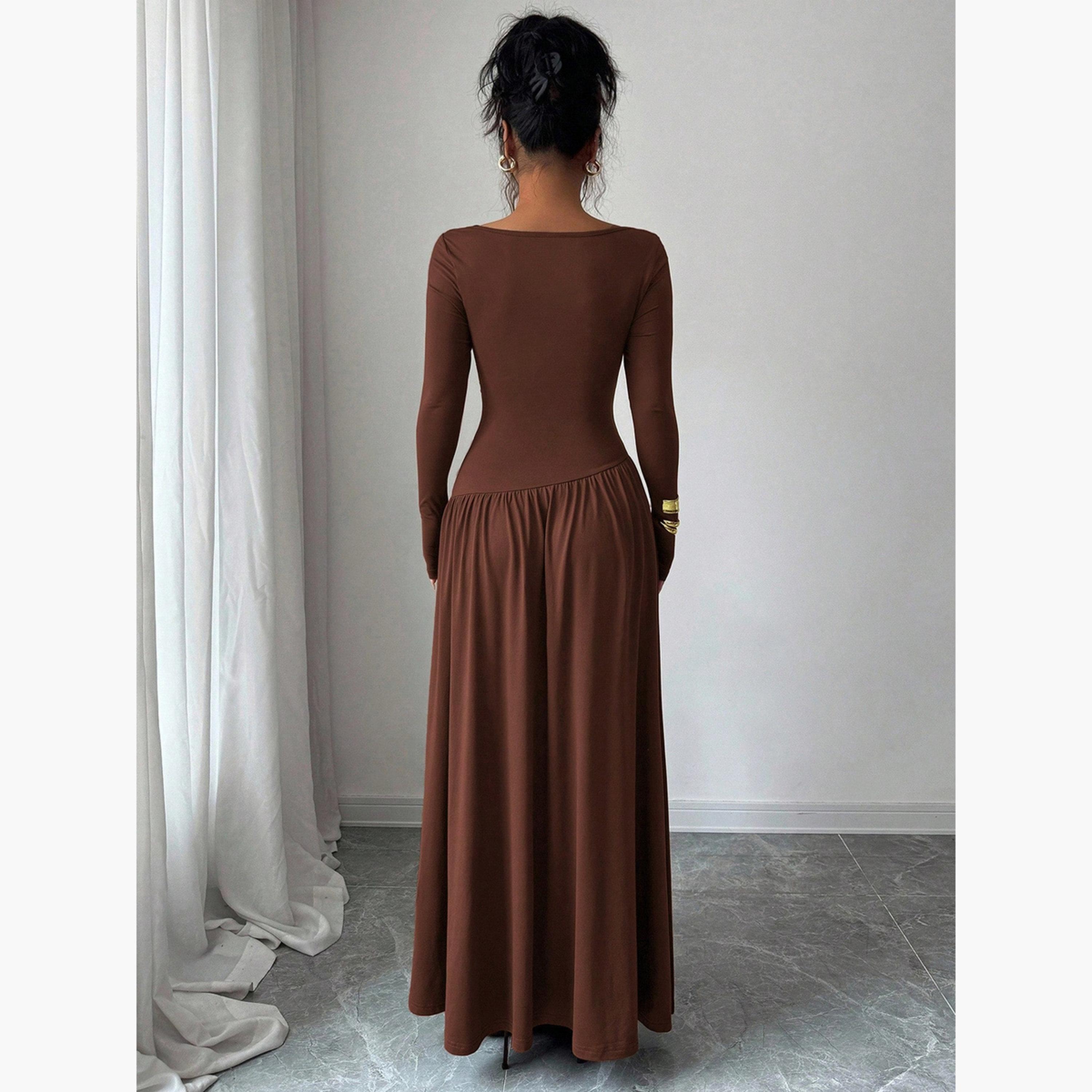Styli Brown Ruched A-Line Maxi Dress-women-clothing-dresses-image-3