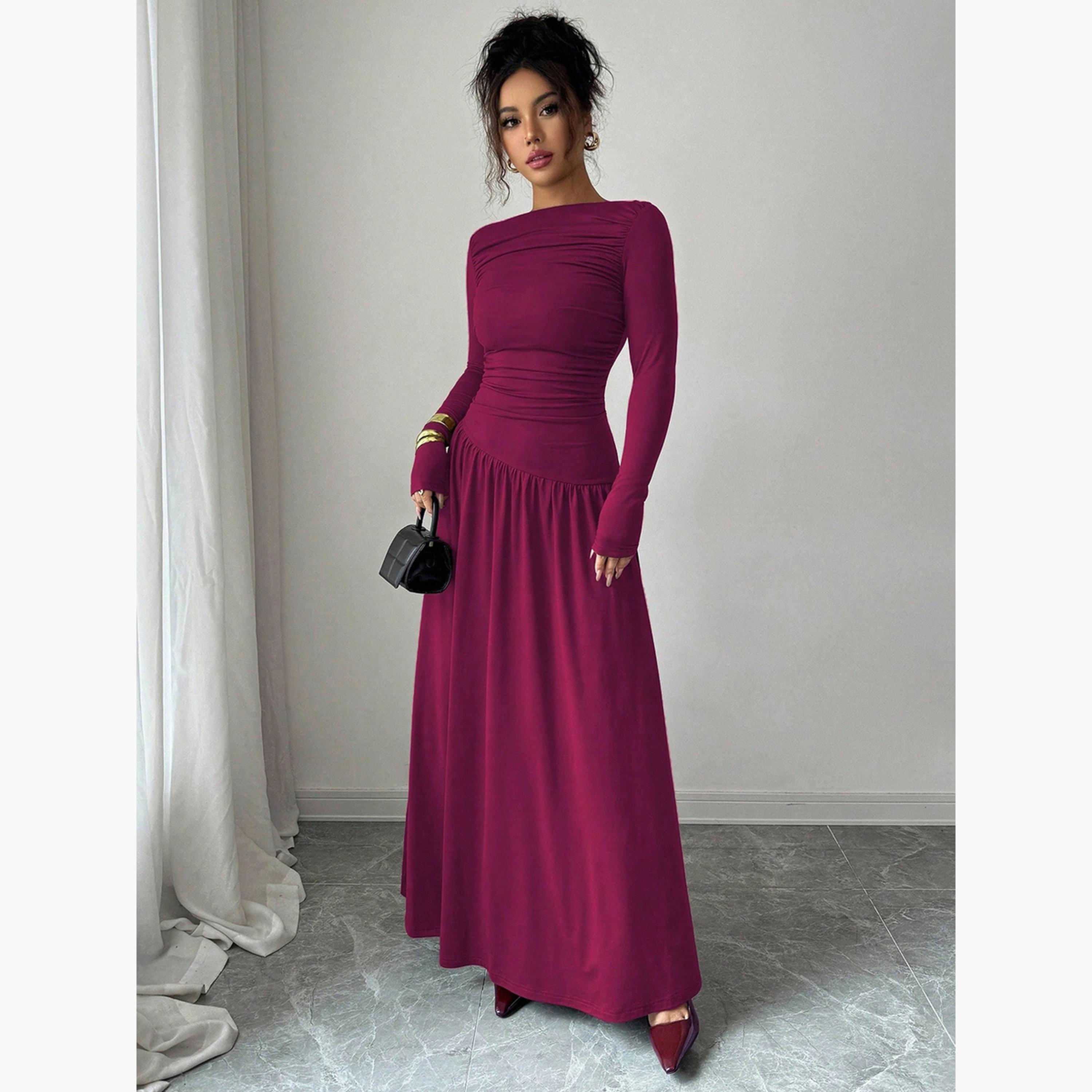 فستان طويل بحافة واسعة بتفاصيل مزمومة-women-clothing-dresses-image-1