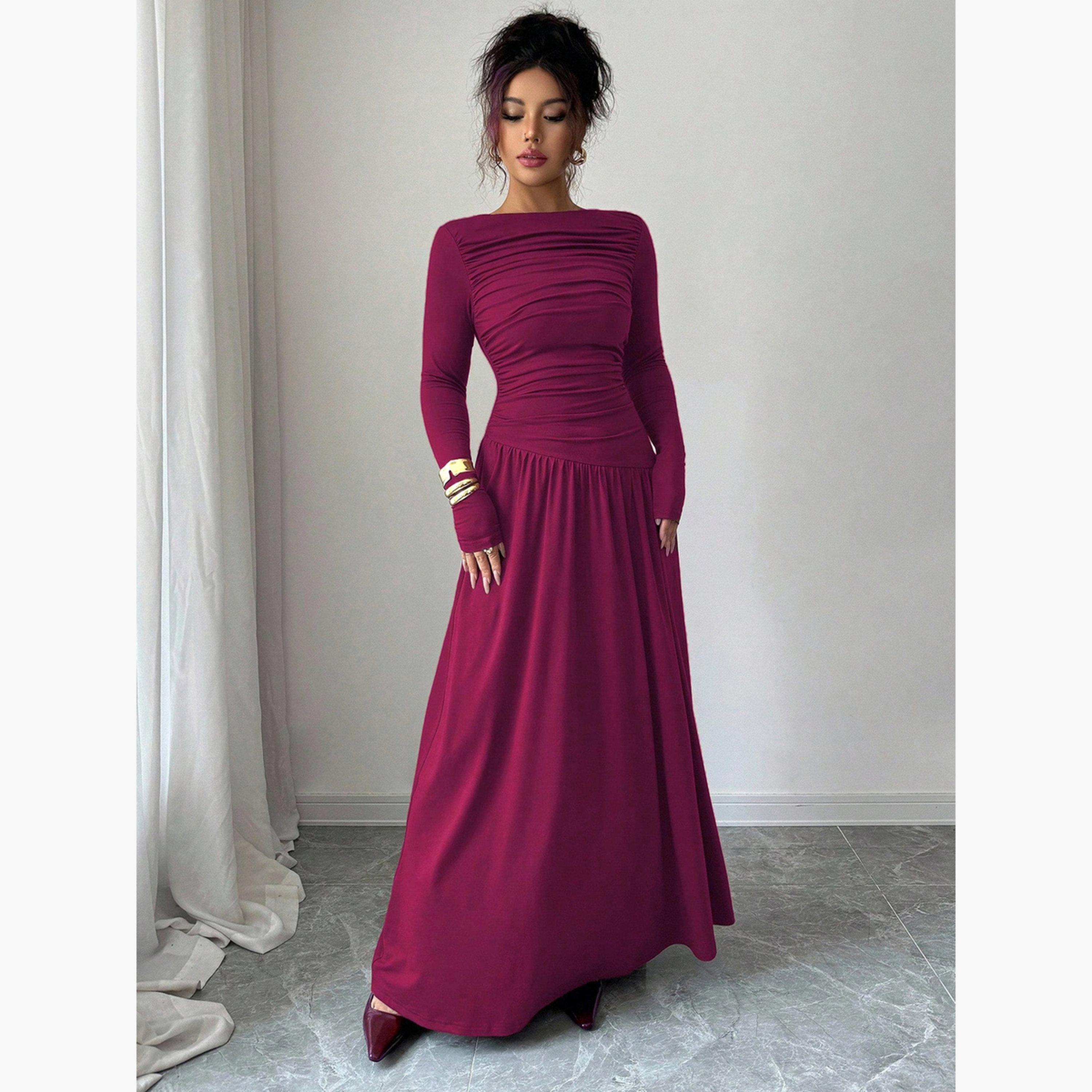 Styli Magenta Ruched A-Line Maxi Dress-women-clothing-dresses-image-2