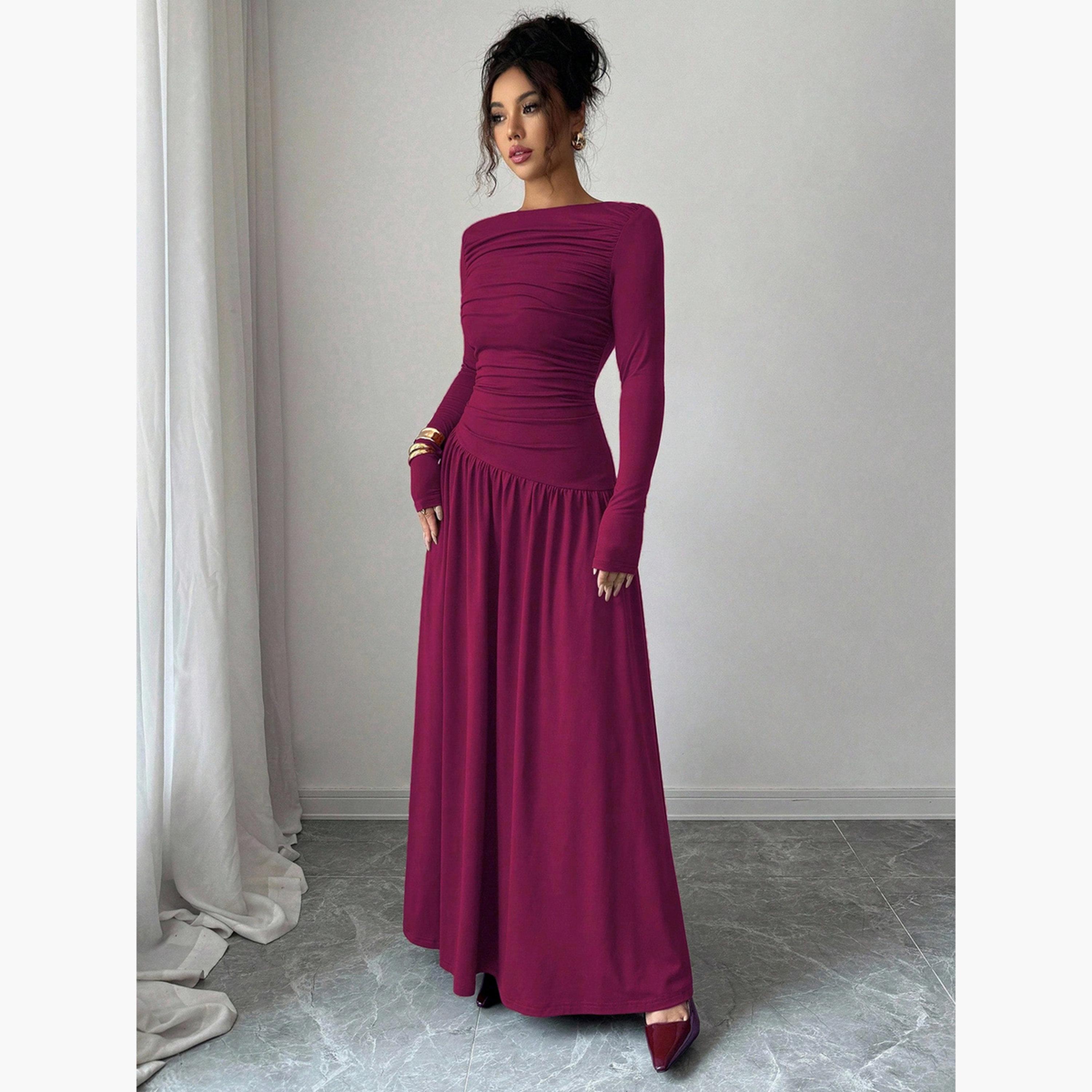 Styli Magenta Ruched A-Line Maxi Dress-women-clothing-dresses-image-3