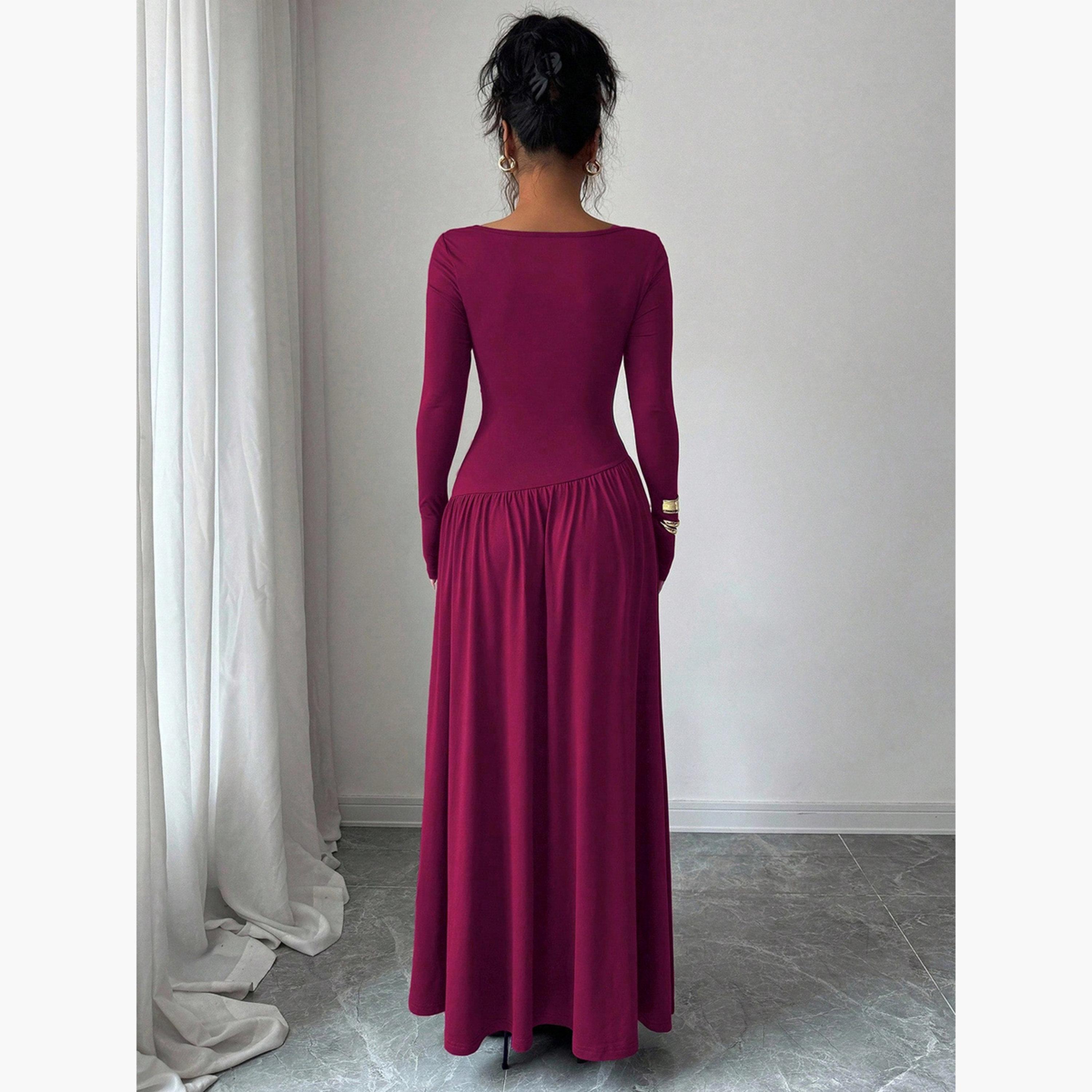 فستان طويل بحافة واسعة بتفاصيل مزمومة-women-clothing-dresses-image-4