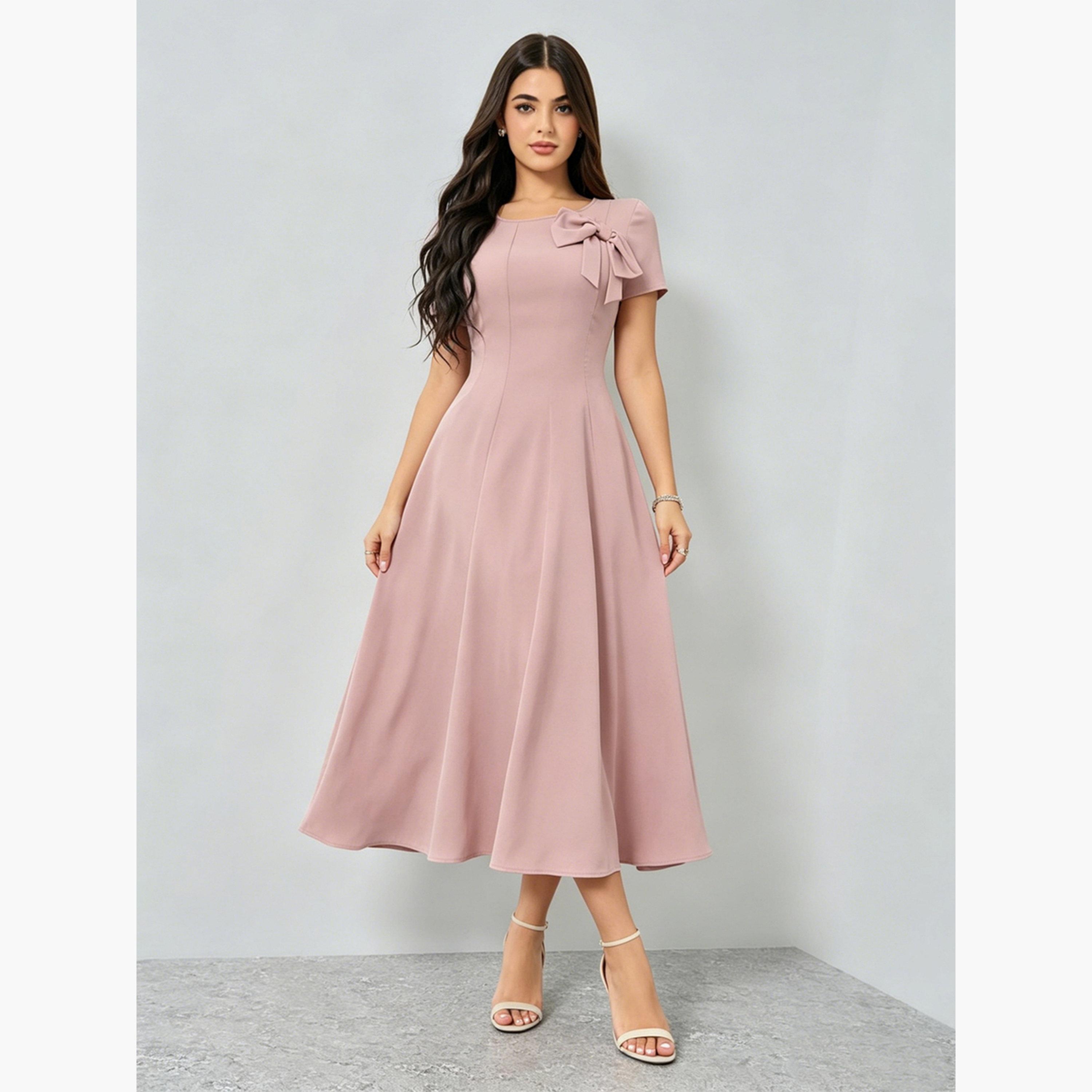 Styli Pink Bow Detail A-Line Midi Dress-women-clothing-dresses-image-1
