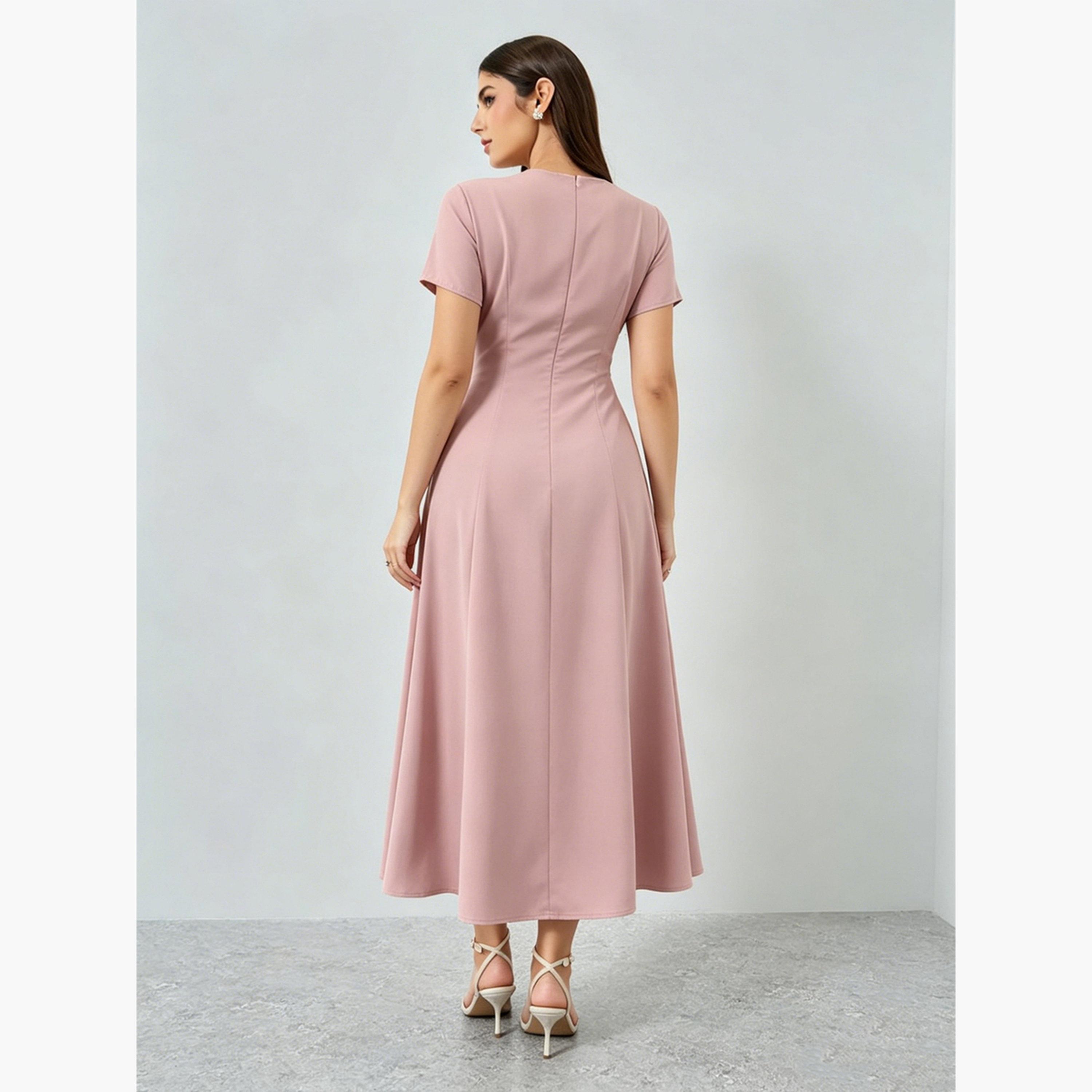 Styli Pink Bow Detail A-Line Midi Dress-women-clothing-dresses-image-2