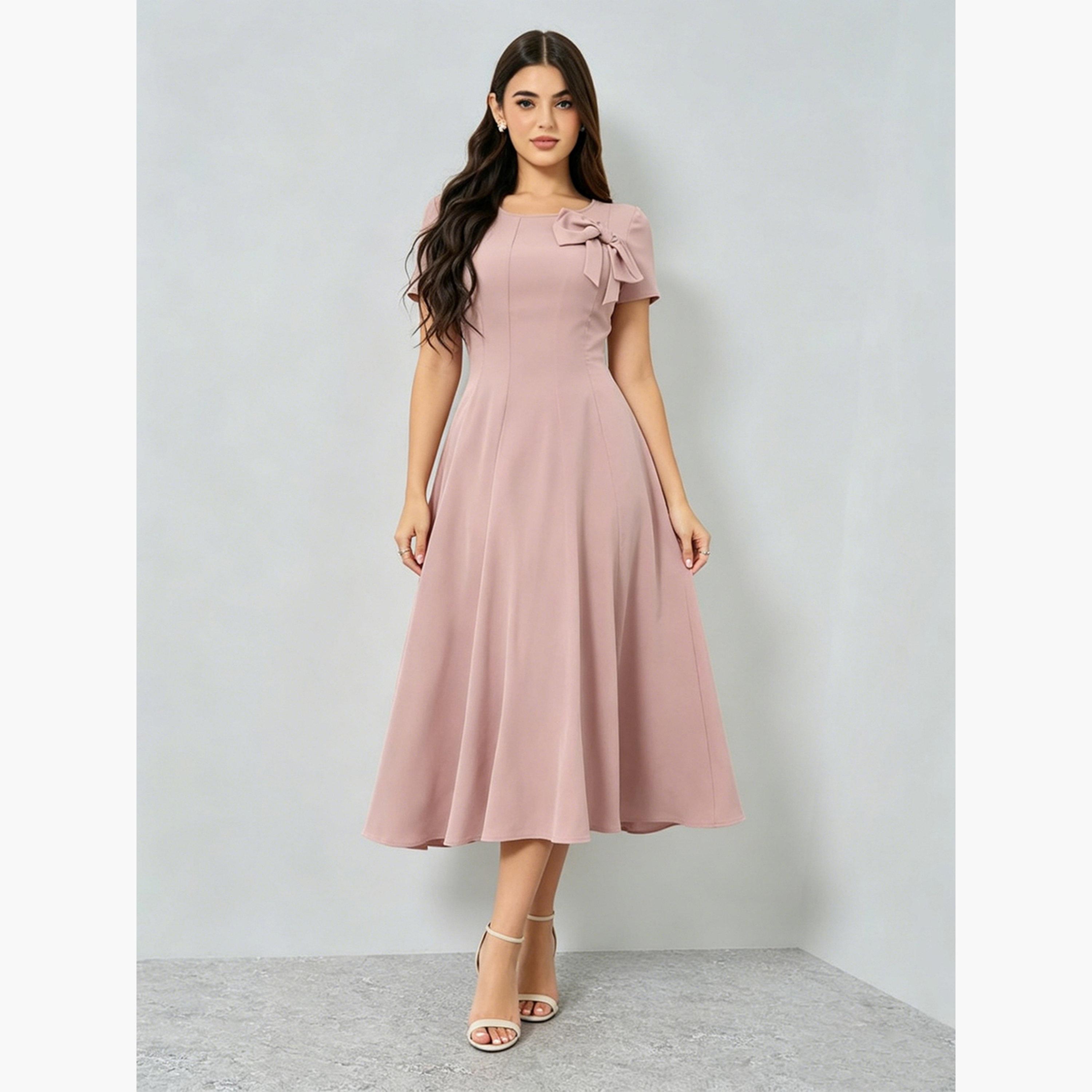 Styli Pink Bow Detail A-Line Midi Dress-women-clothing-dresses-image-3