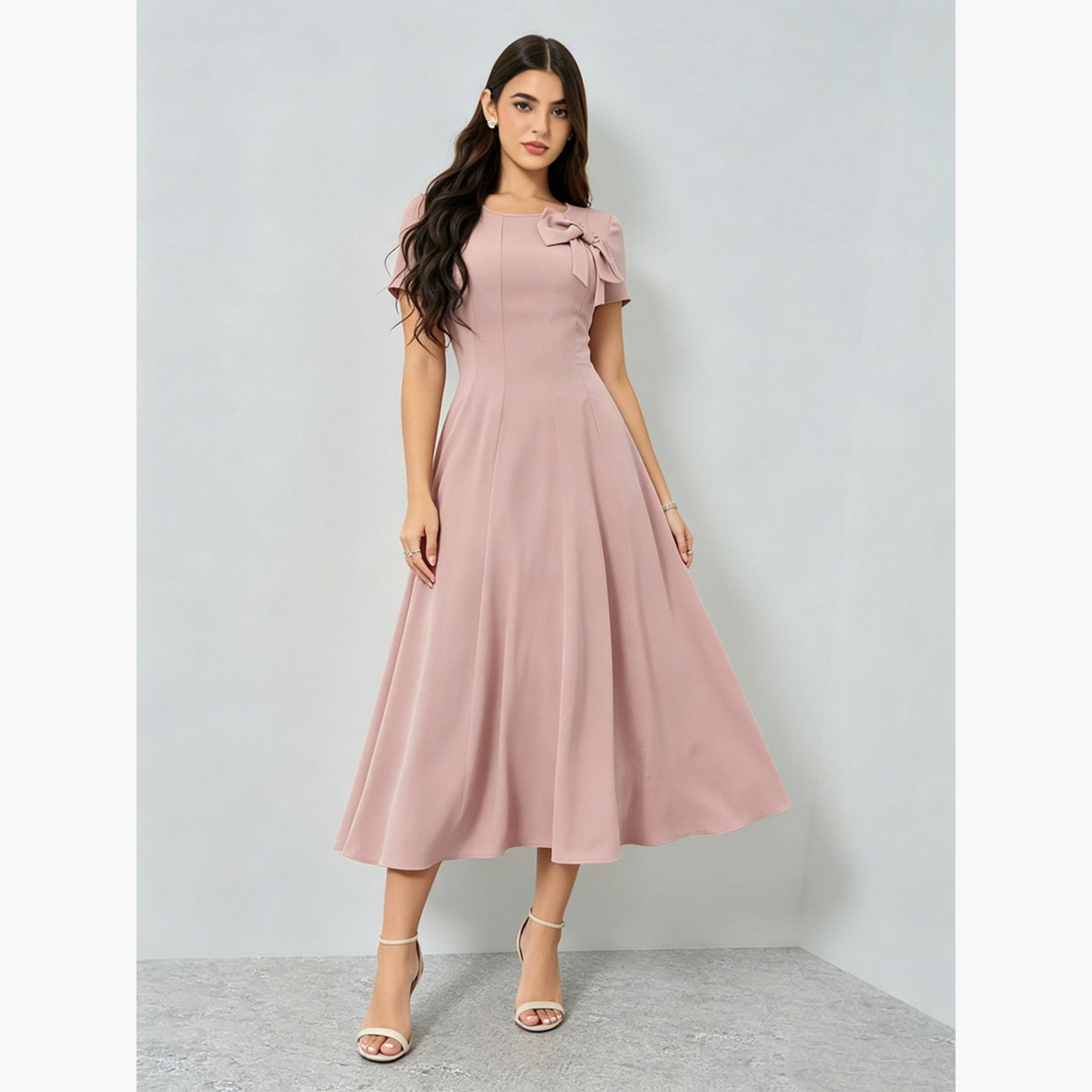 Styli Pink Bow Detail A-Line Midi Dress-women-clothing-dresses-image-4
