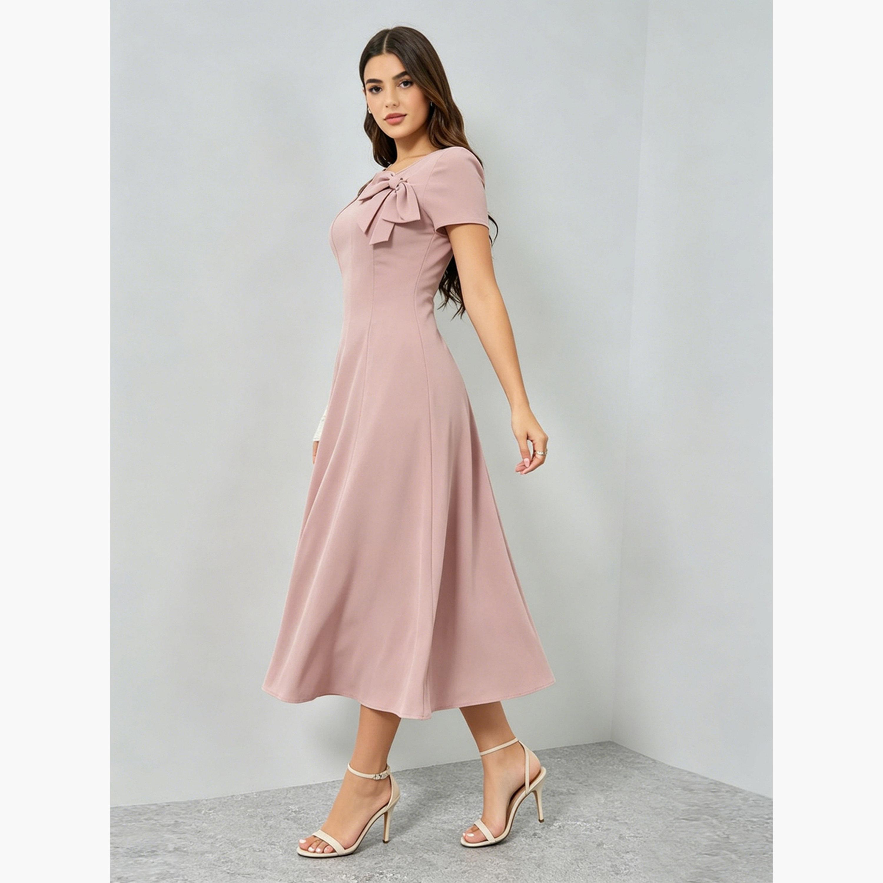 Styli Pink Bow Detail A-Line Midi Dress-women-clothing-dresses-image-5
