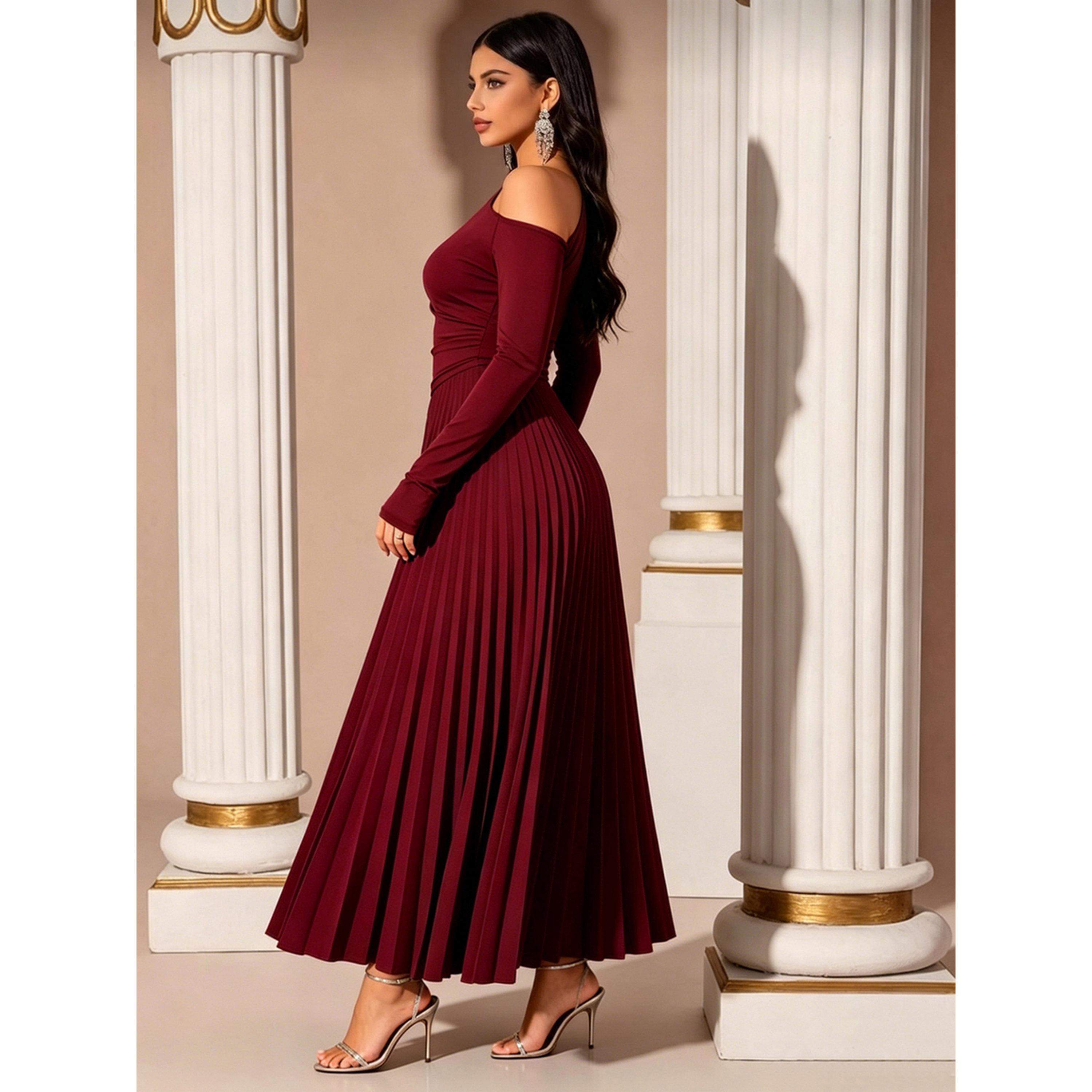 Styli Red Pleated A-Line Maxi Dress-women-clothing-dresses-image-3