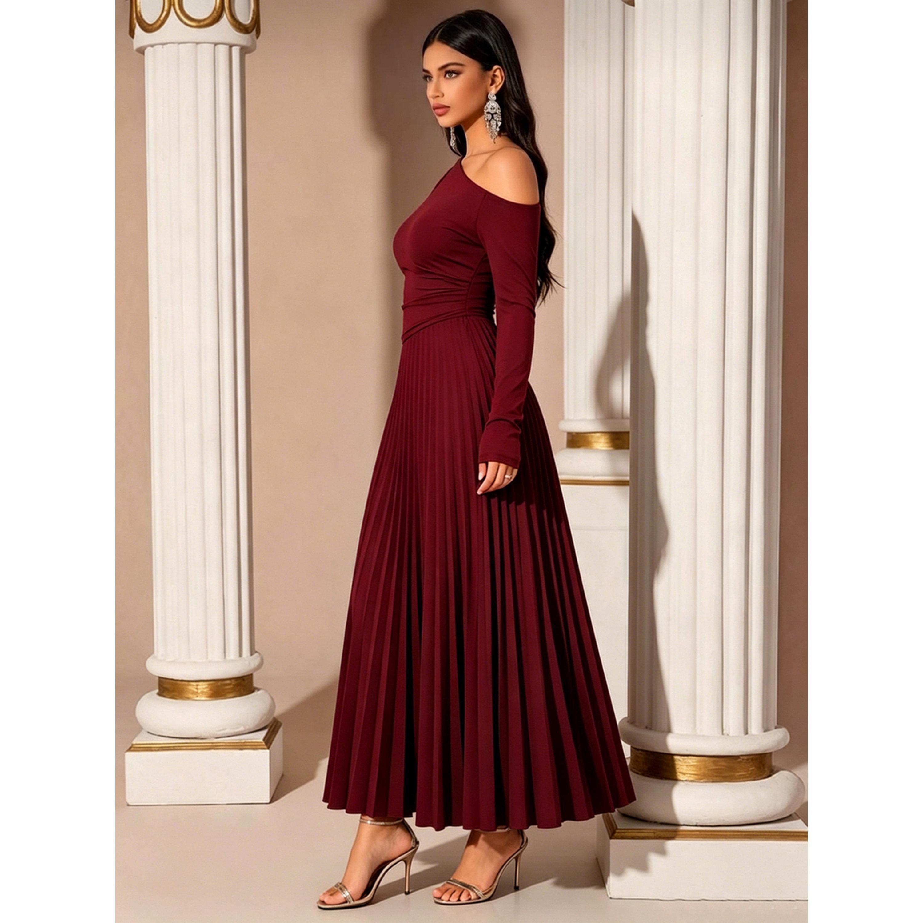 Styli Red Pleated A-Line Maxi Dress-women-clothing-dresses-image-4
