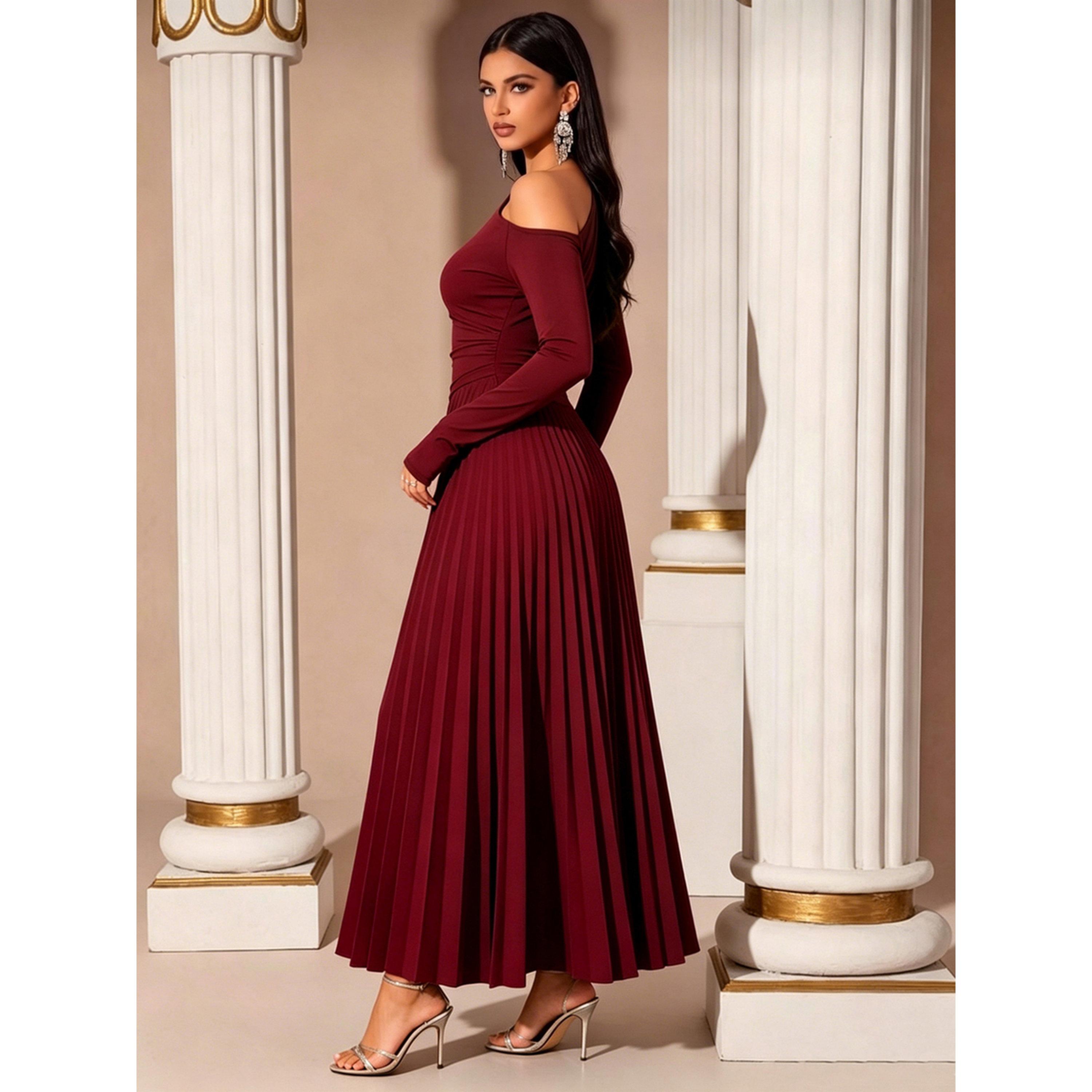 Styli Red Pleated A-Line Maxi Dress-women-clothing-dresses-image-5