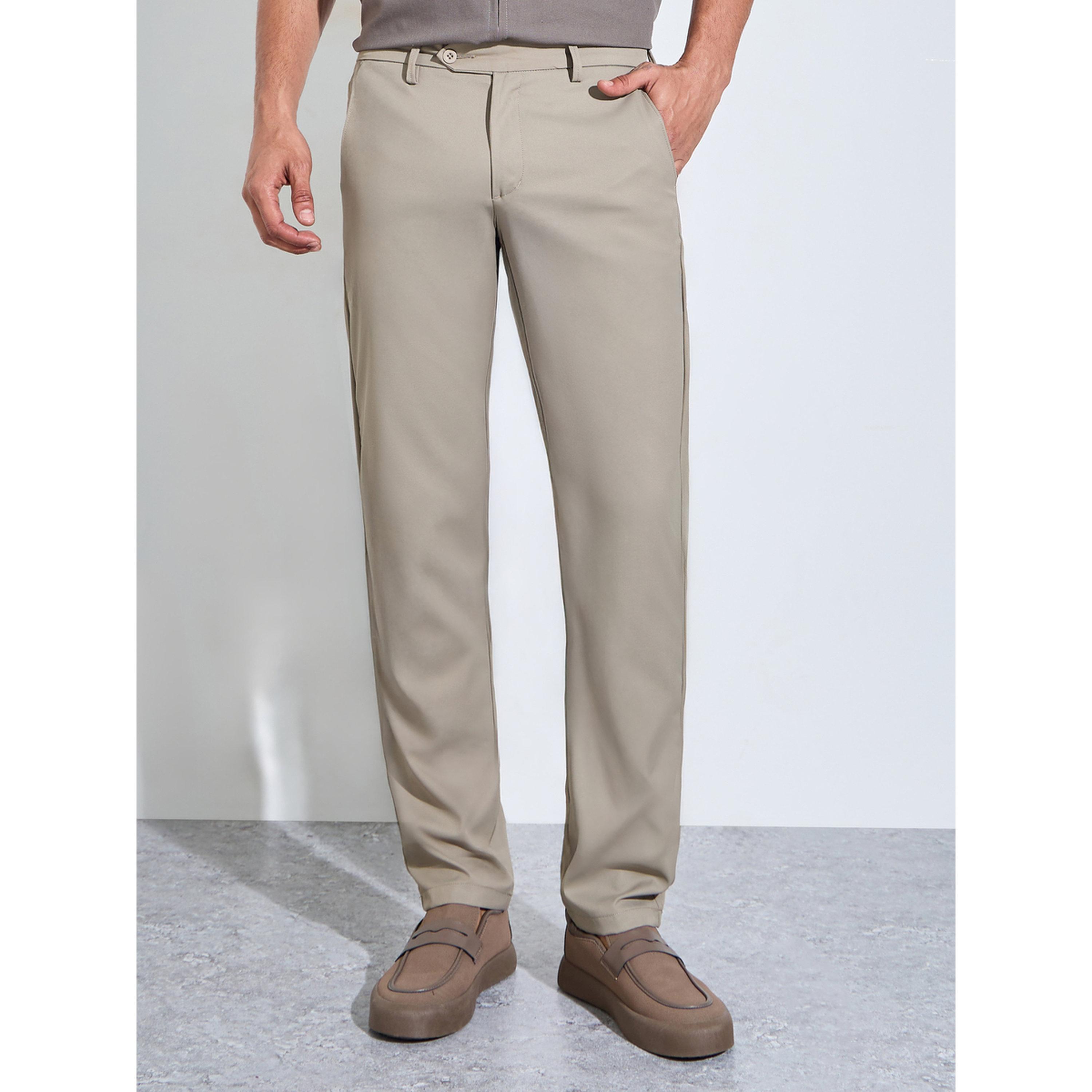 ستيلي بنطلون رسمي كاكي سادة مطاطي بقصة ضيقة-men-clothing-trousersandchinos-trousers-image-1