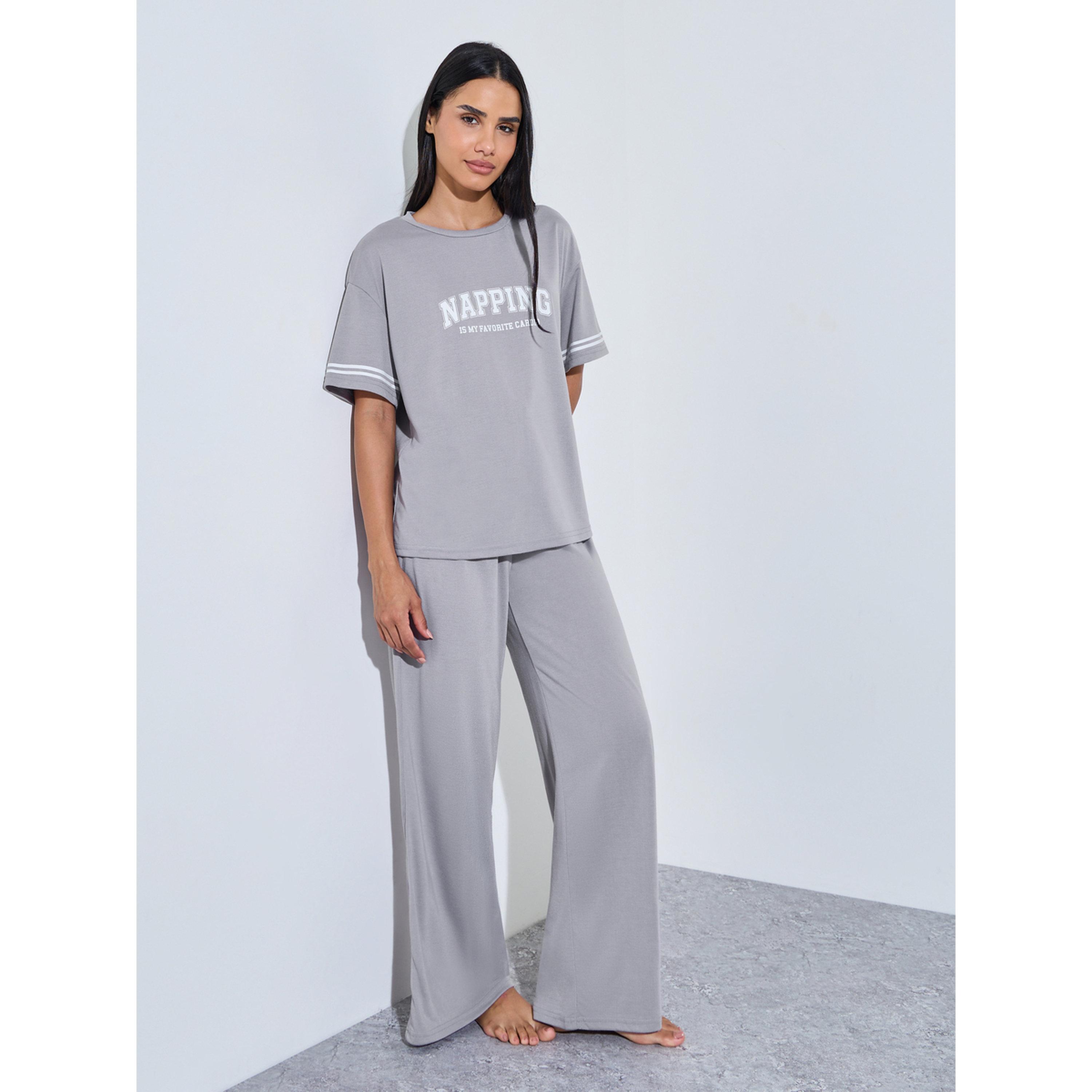 Styli Grey Slogan Print T-Shirt and Wide Leg Pants Pyjama Set-women-clothing-nightwear-pyjamas-longsets-image-1