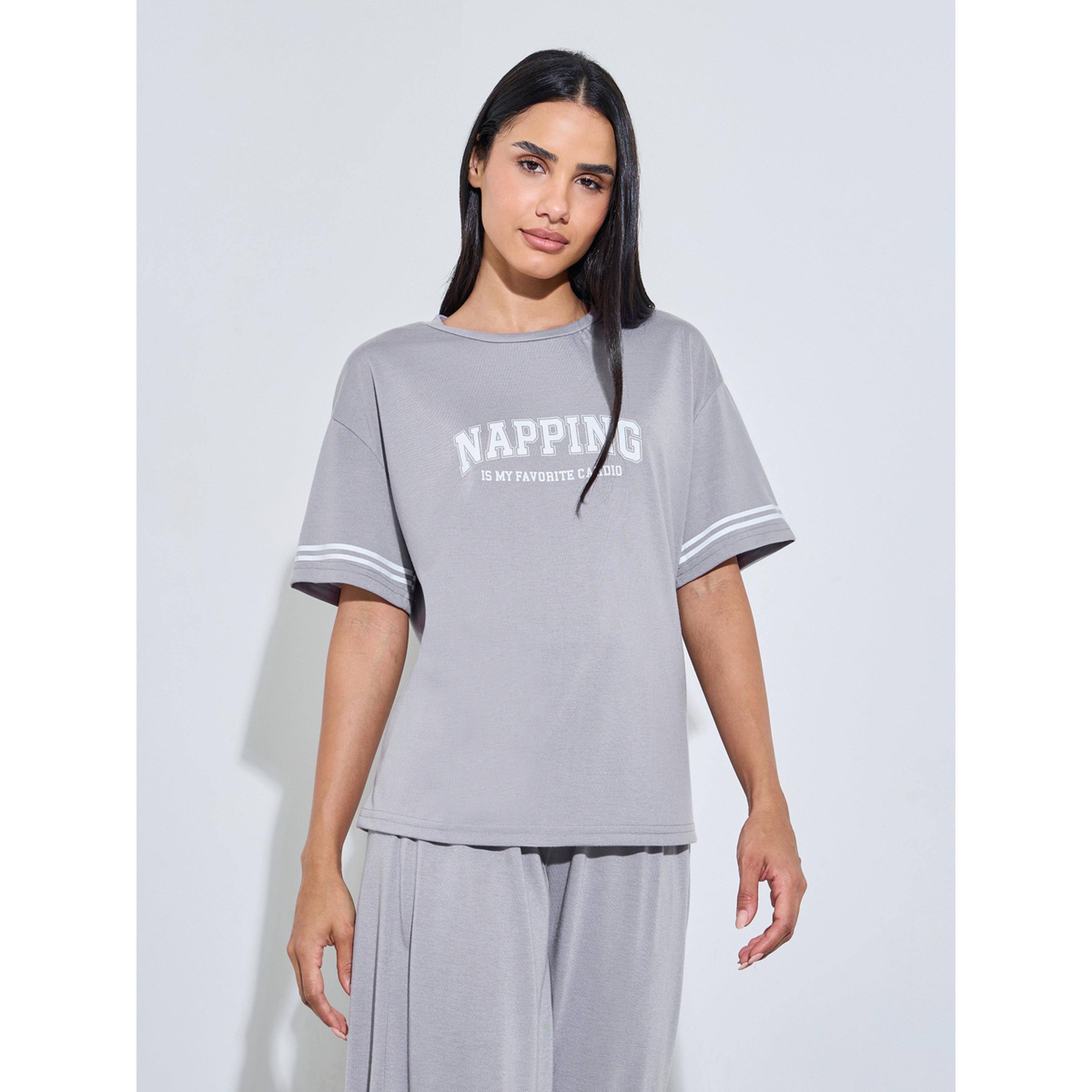 Styli Grey Slogan Print T-Shirt and Wide Leg Pants Pyjama Set-women-clothing-nightwear-pyjamas-longsets-image-2