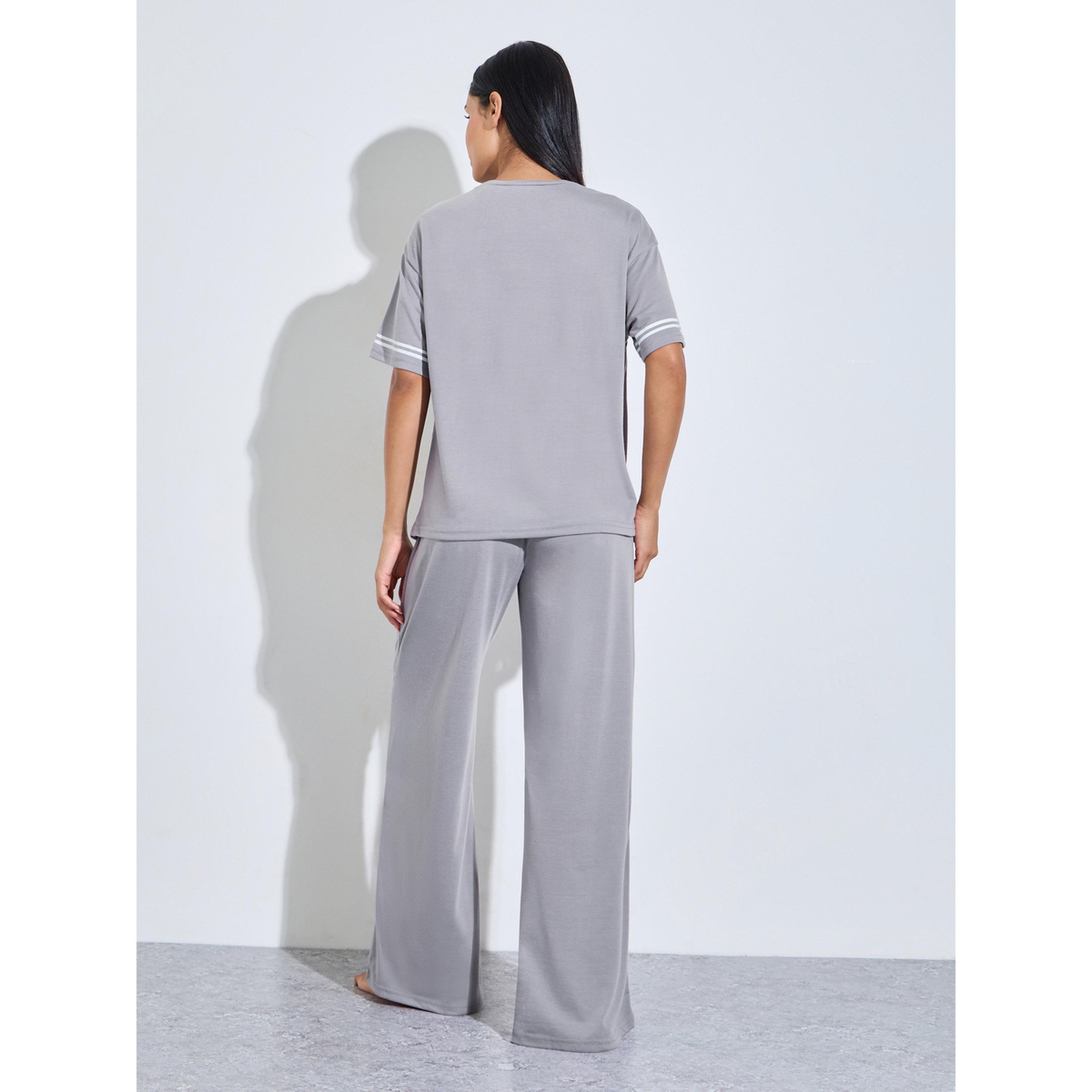 Styli Grey Slogan Print T-Shirt and Wide Leg Pants Pyjama Set-women-clothing-nightwear-pyjamas-longsets-image-3