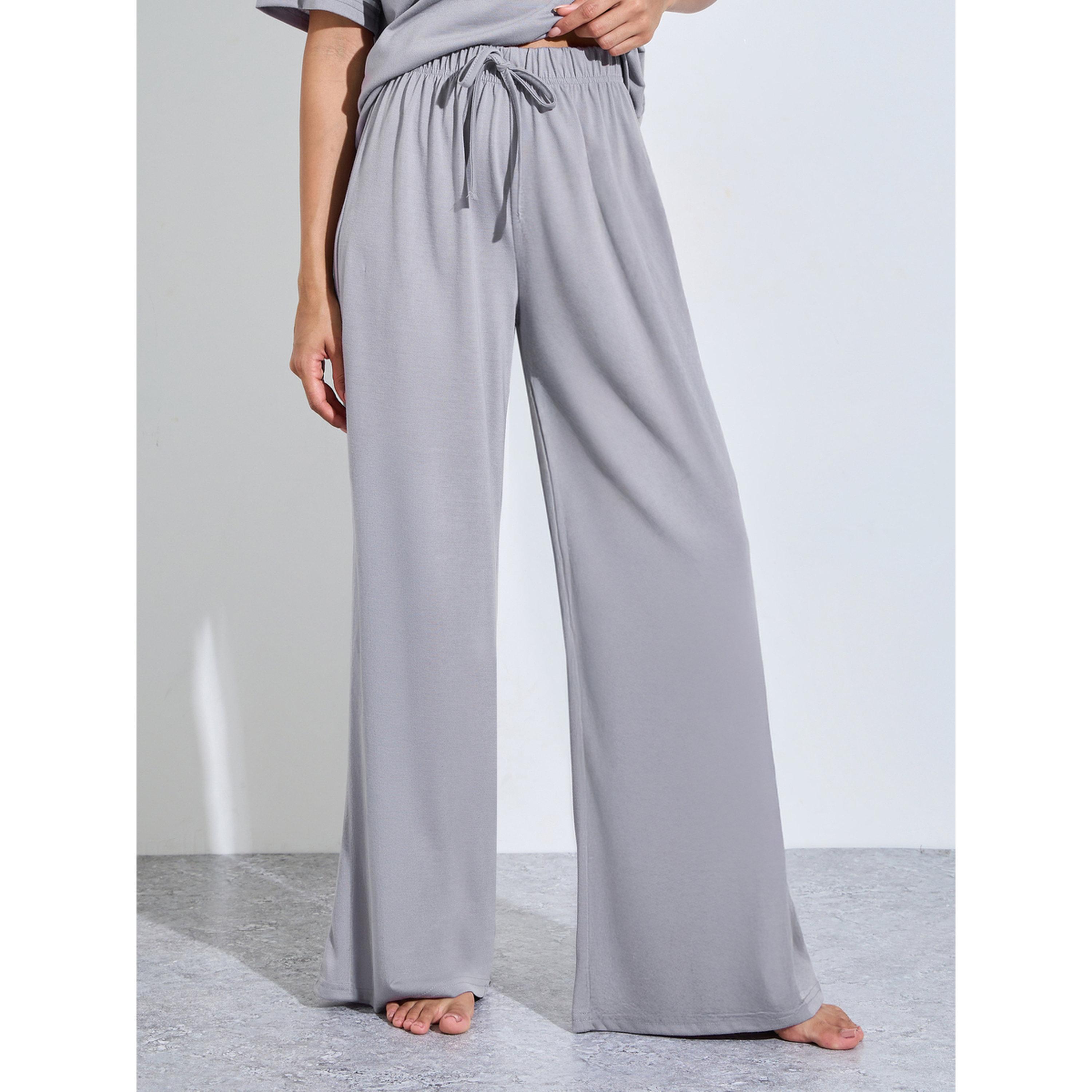 Styli Grey Slogan Print T-Shirt and Wide Leg Pants Pyjama Set-women-clothing-nightwear-pyjamas-longsets-image-4