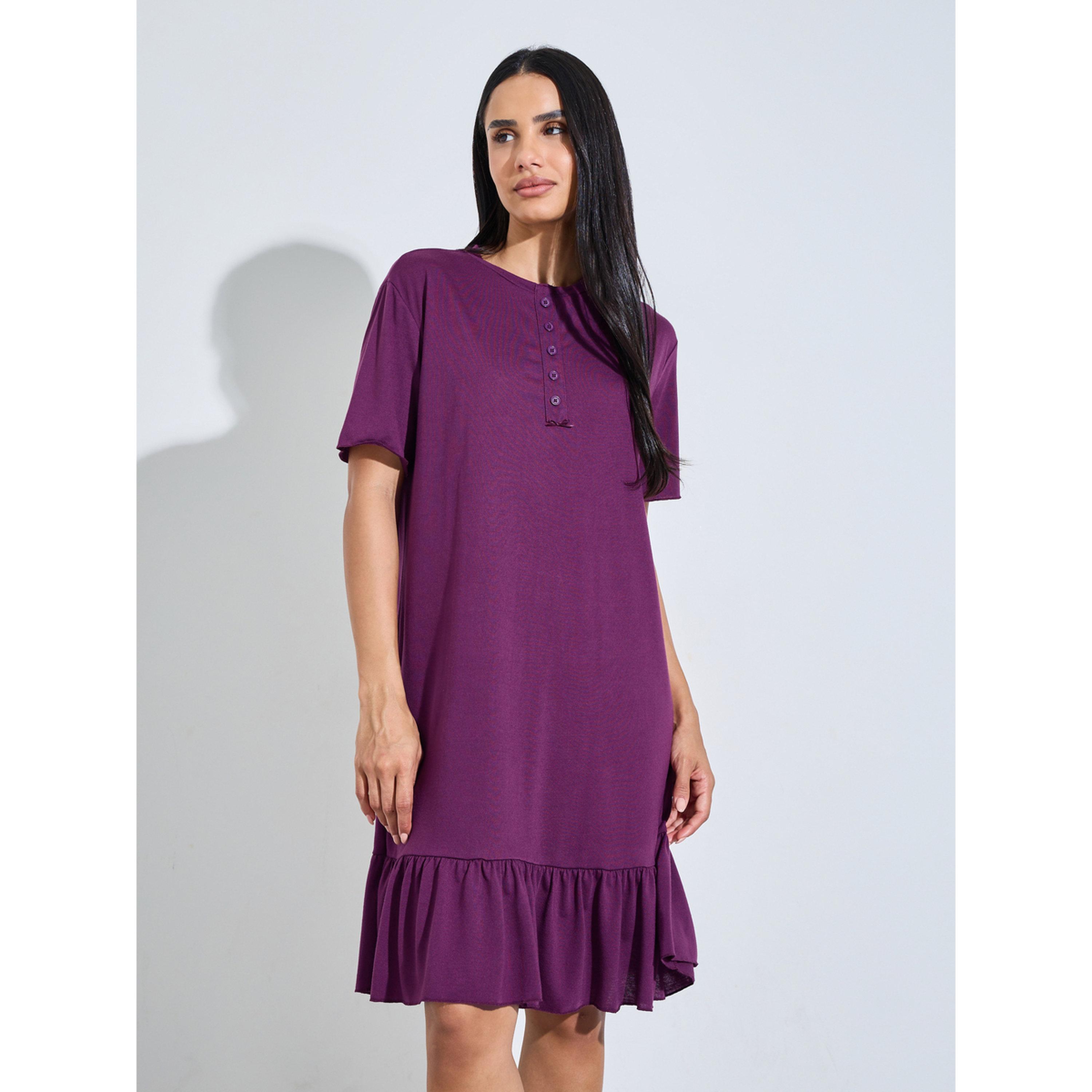 قميص نوم ميدي تيشيرت بحافة بكشكشة سادة باللون البنفسجي-women-clothing-nightwear-nighties-image-1