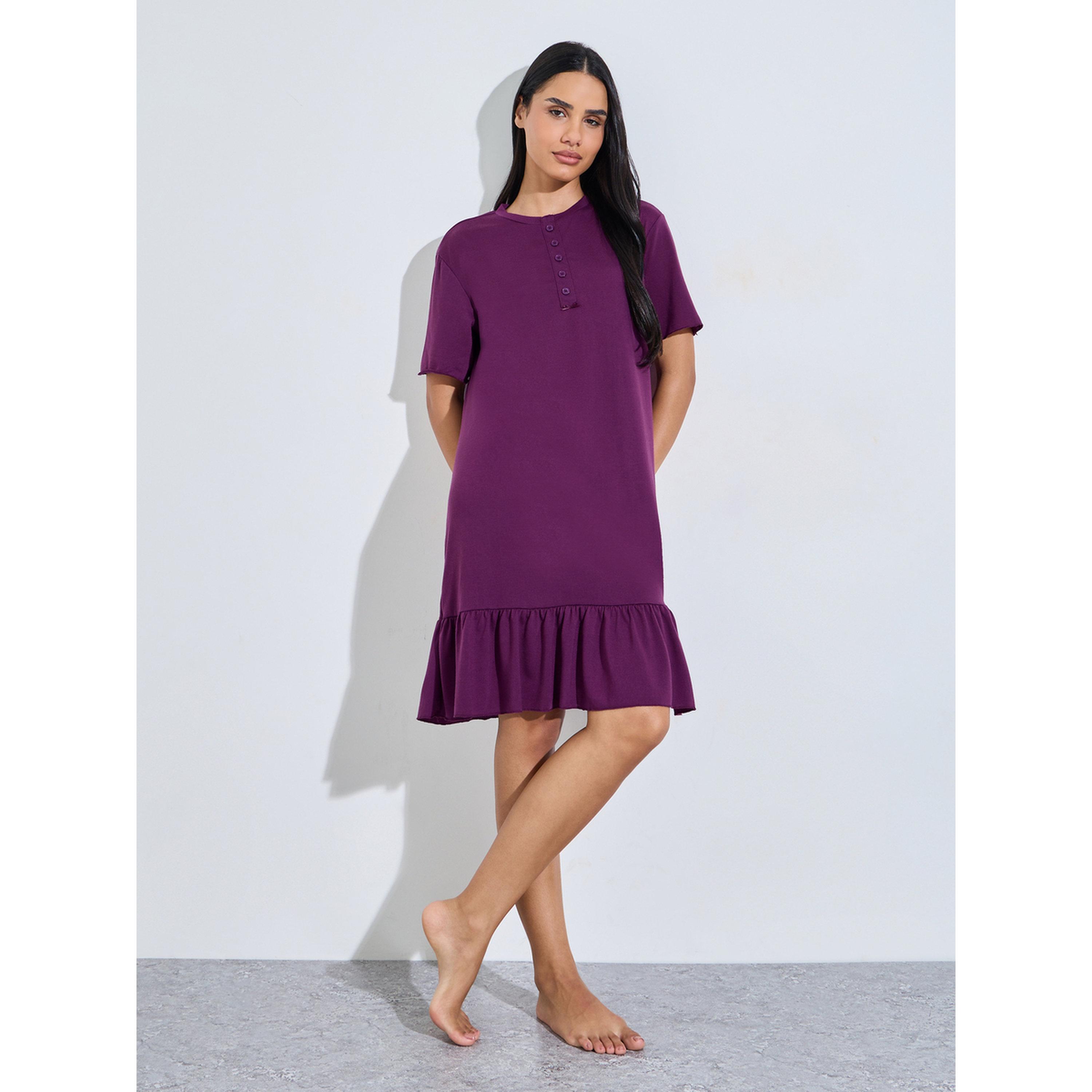 قميص نوم ميدي تيشيرت بحافة بكشكشة سادة باللون البنفسجي-women-clothing-nightwear-nighties-image-2