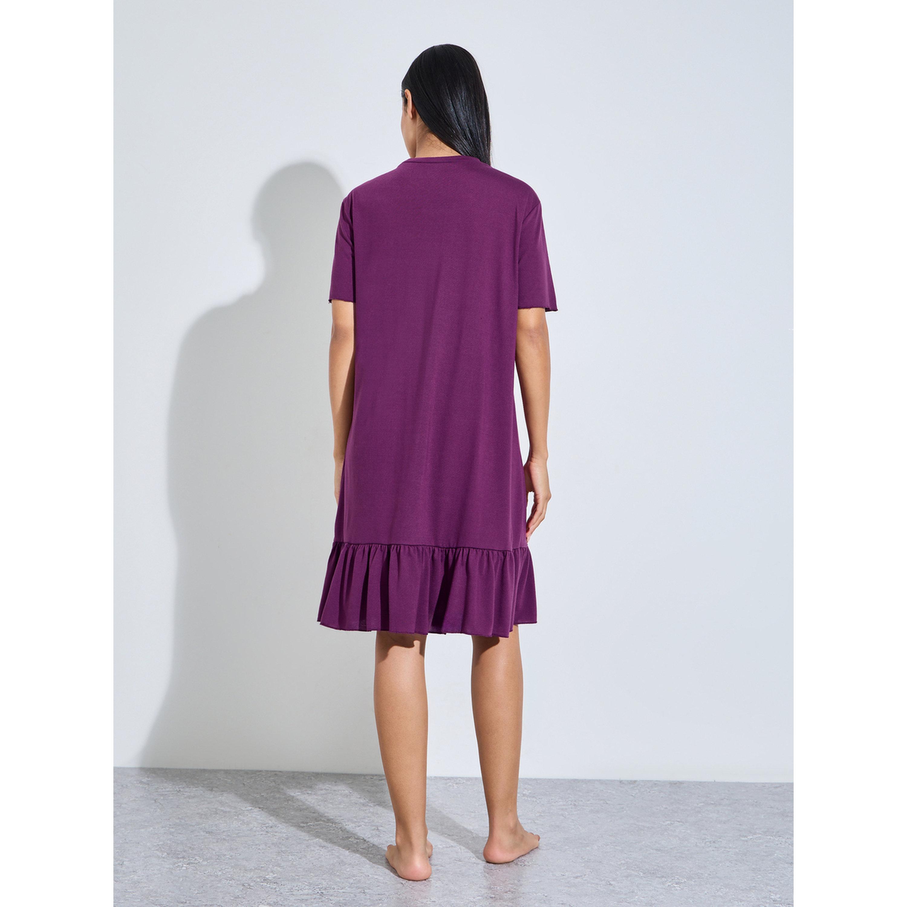 قميص نوم ميدي تيشيرت بحافة بكشكشة سادة باللون البنفسجي-women-clothing-nightwear-nighties-image-3