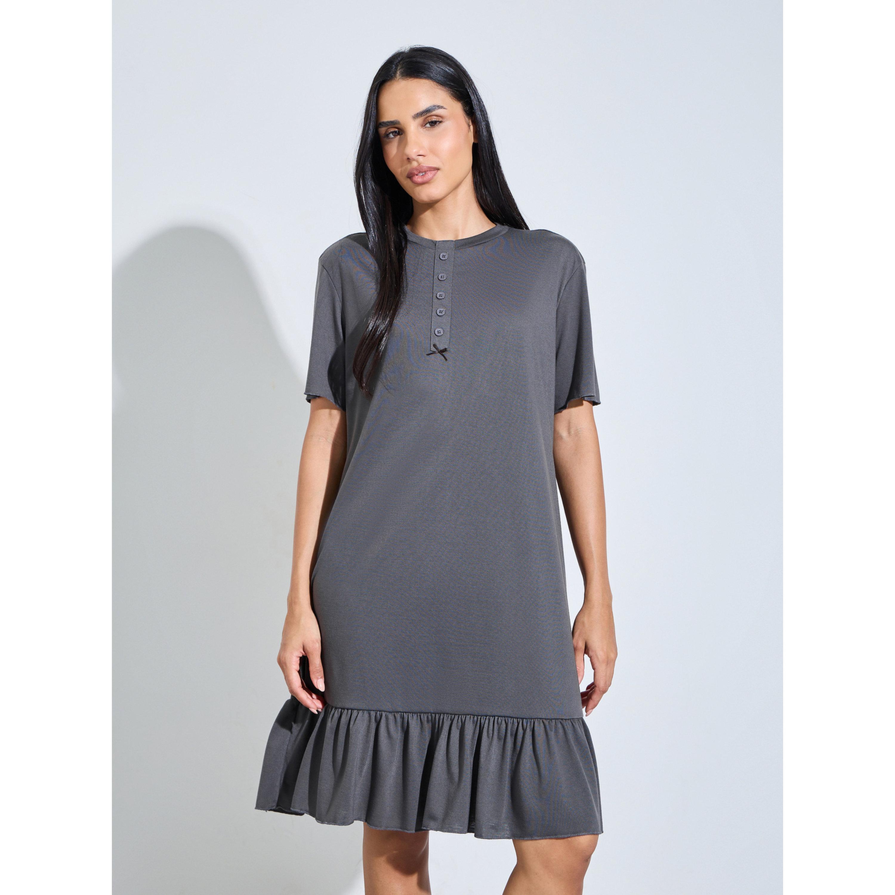 Styli Charcoal Solid Ruffled Hem T-Shirt Midi Nightdress-women-clothing-nightwear-nighties-image-1