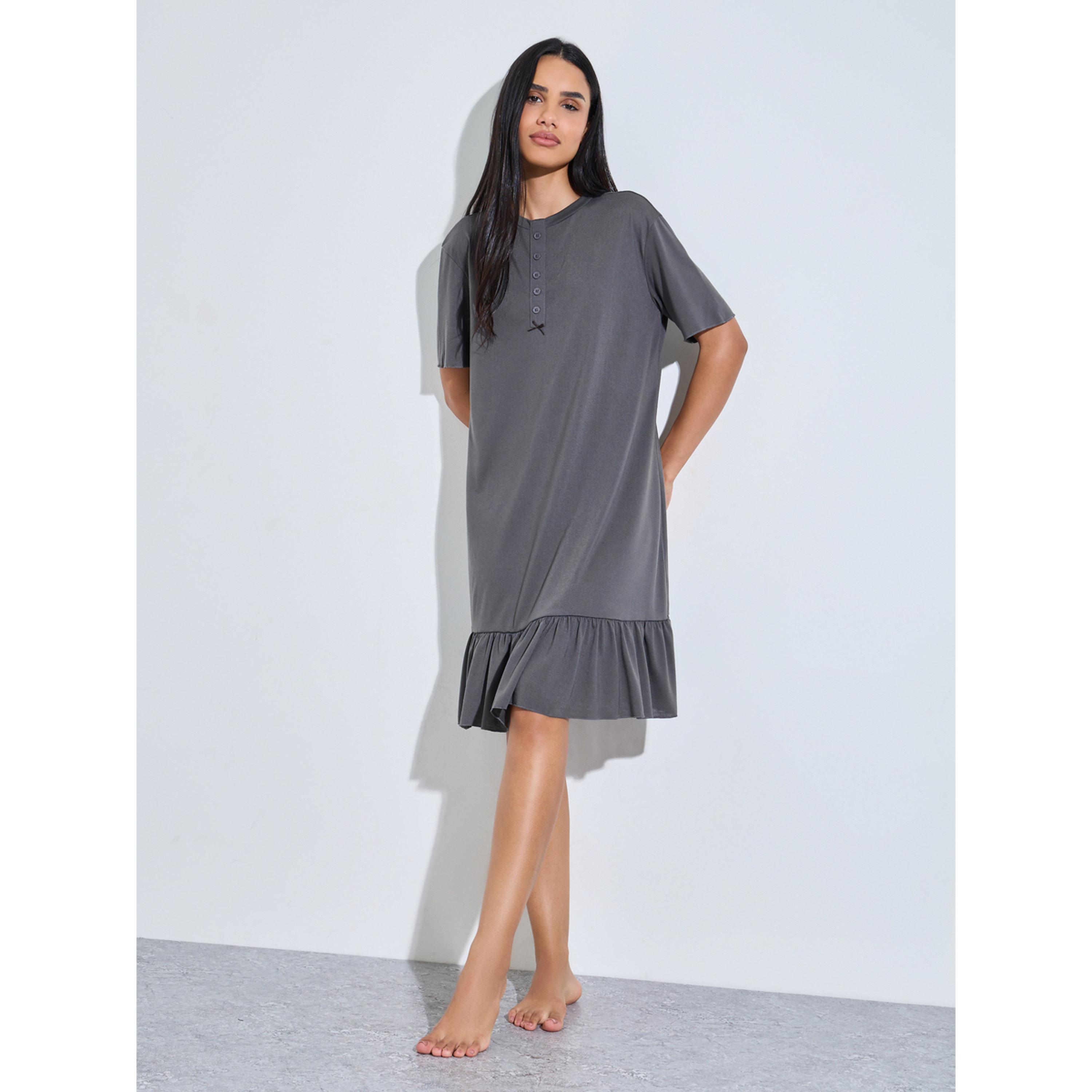 Styli Charcoal Solid Ruffled Hem T-Shirt Midi Nightdress-women-clothing-nightwear-nighties-image-2