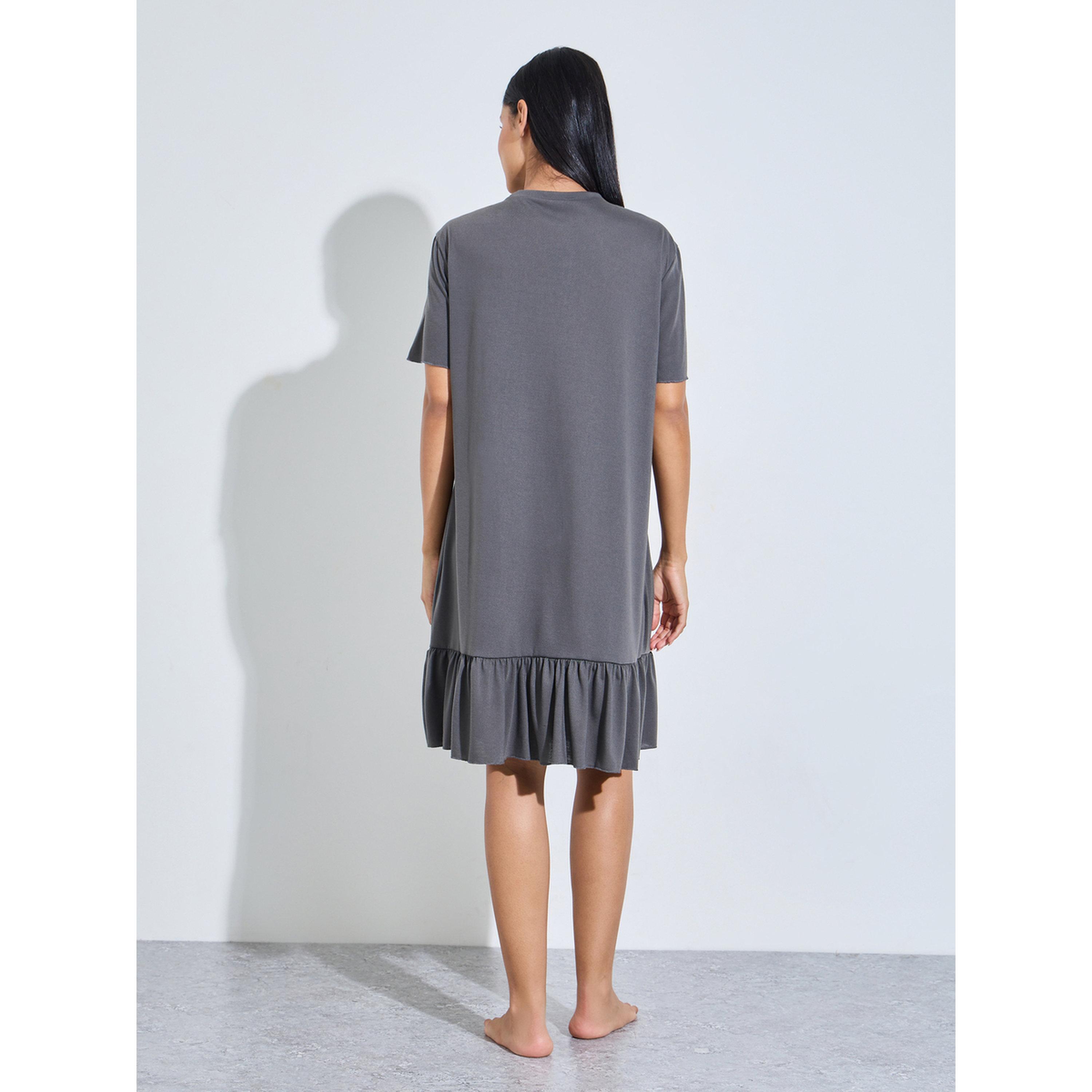 Styli Charcoal Solid Ruffled Hem T-Shirt Midi Nightdress-women-clothing-nightwear-nighties-image-3