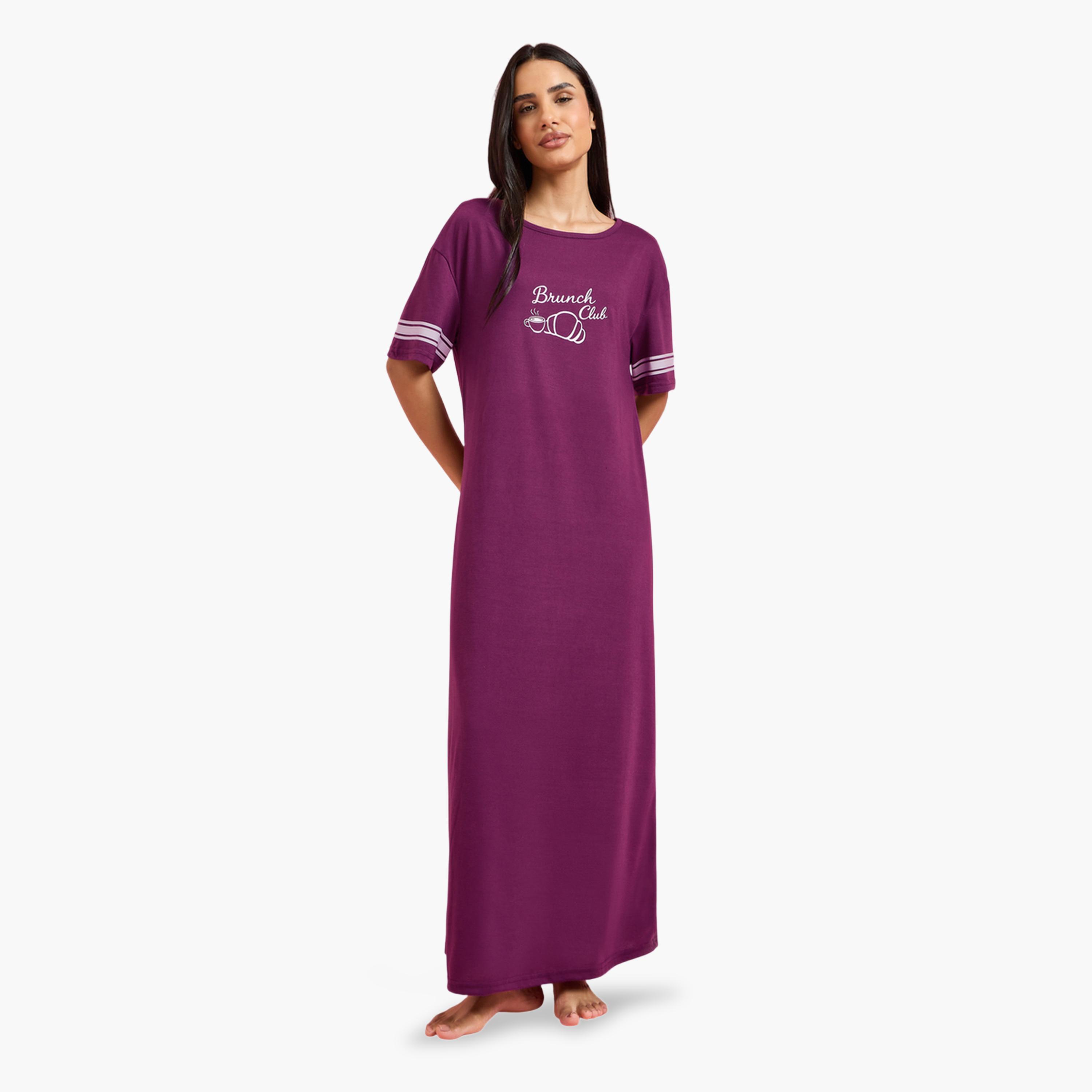 Styli Burgundy Slogan print Striped Sleeves T-Shirt Maxi Nightdress-women-clothing-nightwear-nighties-image-1