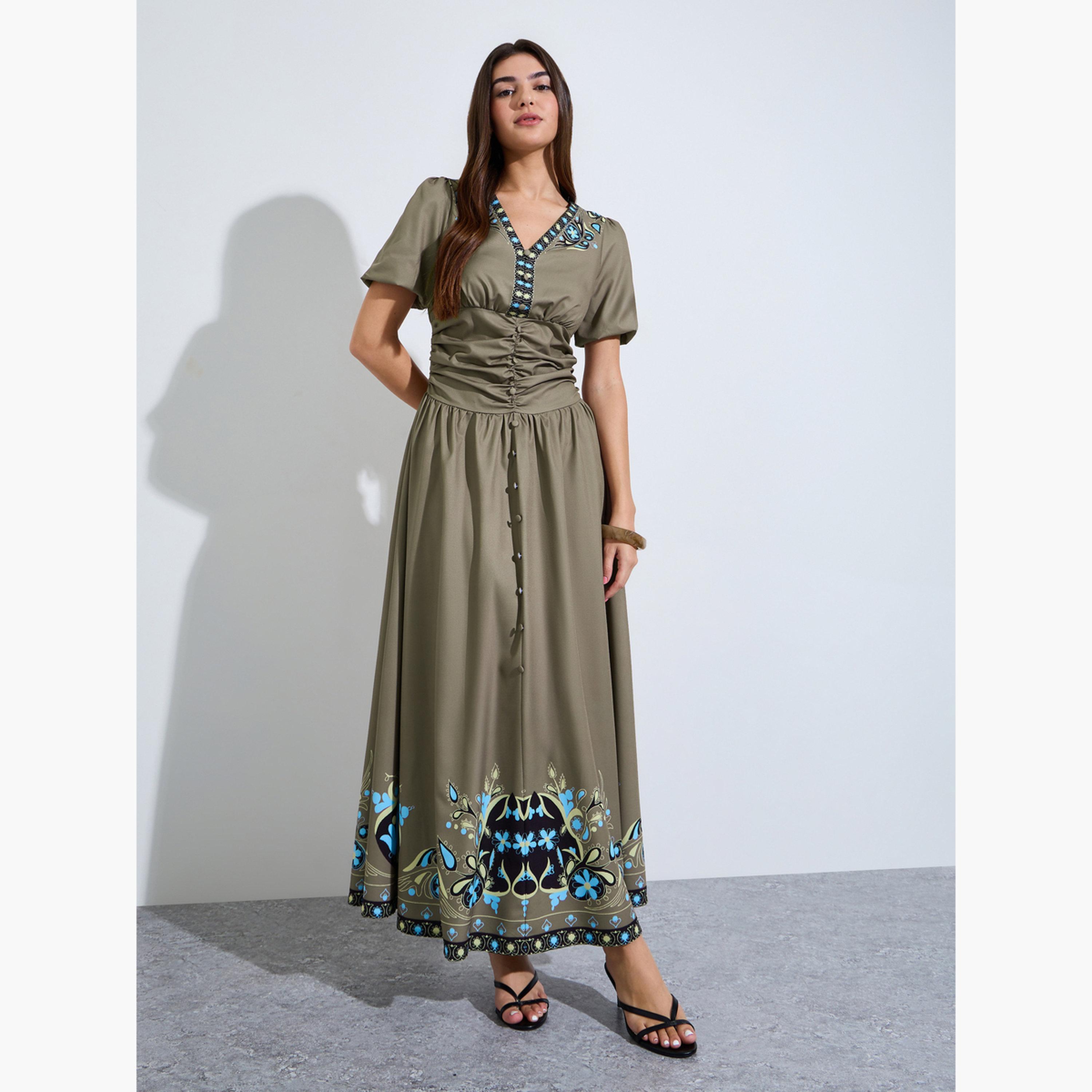 Styli Green Hem-Placement Print A-Line Maxi Dress-women-clothing-dresses-image-1