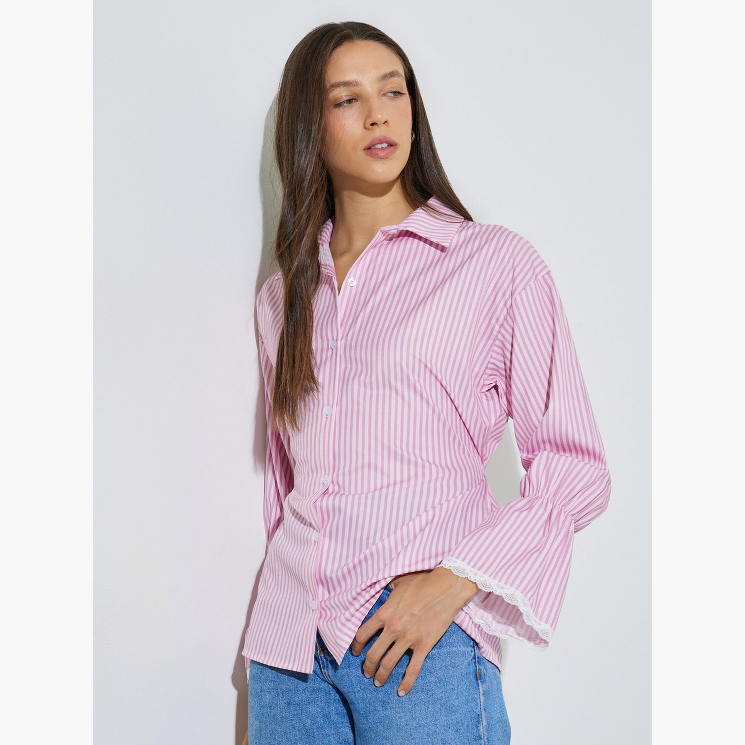 Styli Pink Striped Long Sleeve Casual Shirt-women-clothing-shirtsandblouses-shirts-image-1
