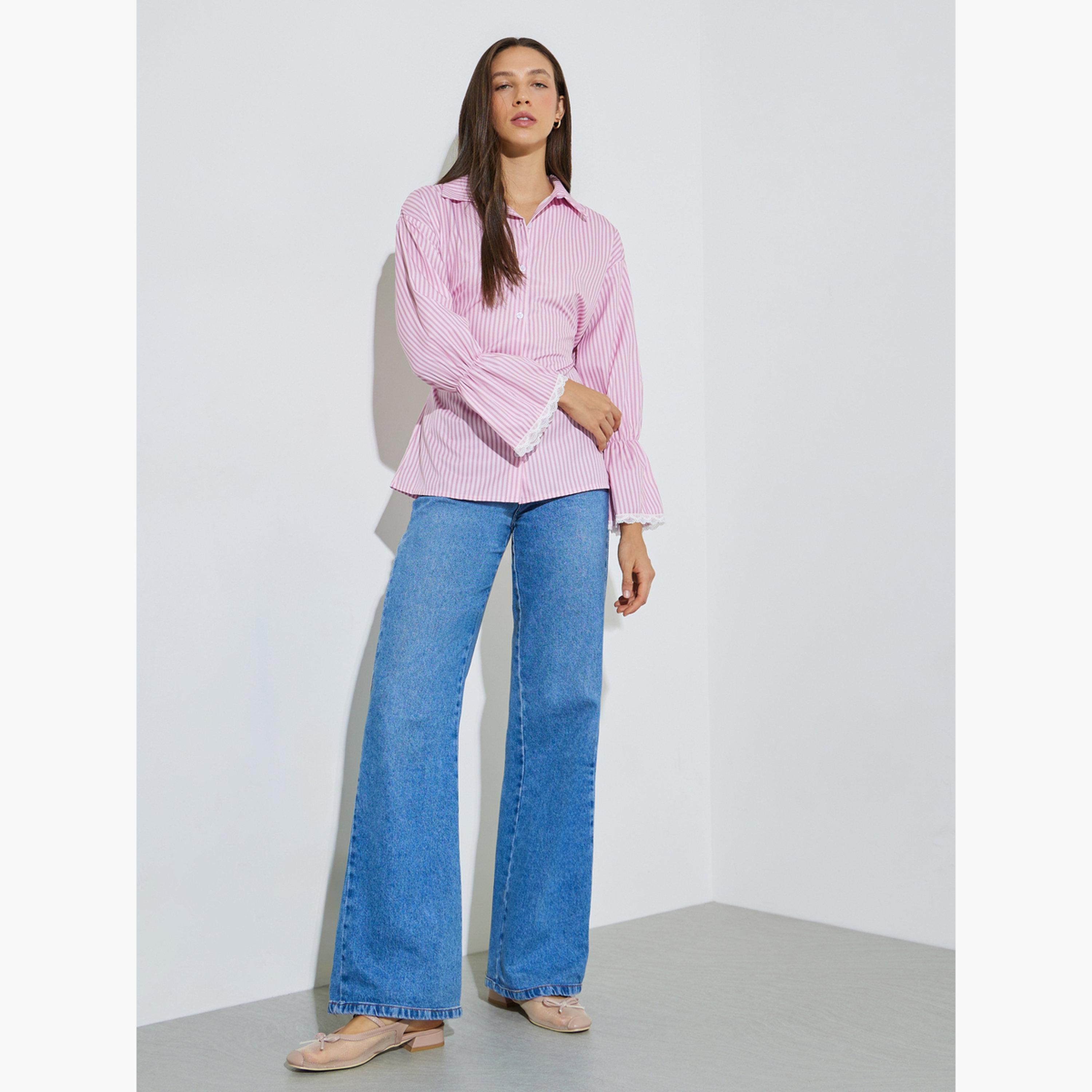 Styli Pink Striped Long Sleeve Casual Shirt-women-clothing-shirtsandblouses-shirts-image-2