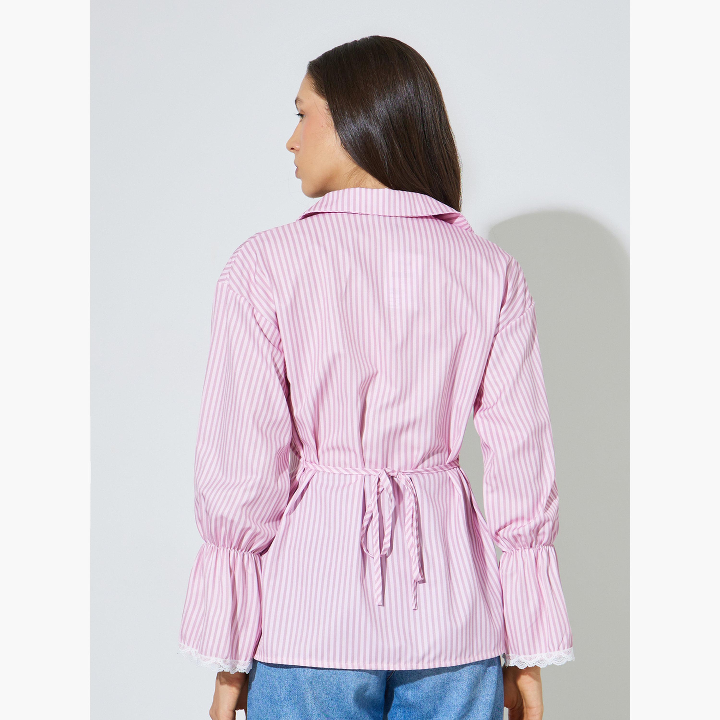 Styli Pink Striped Long Sleeve Casual Shirt-women-clothing-shirtsandblouses-shirts-image-3