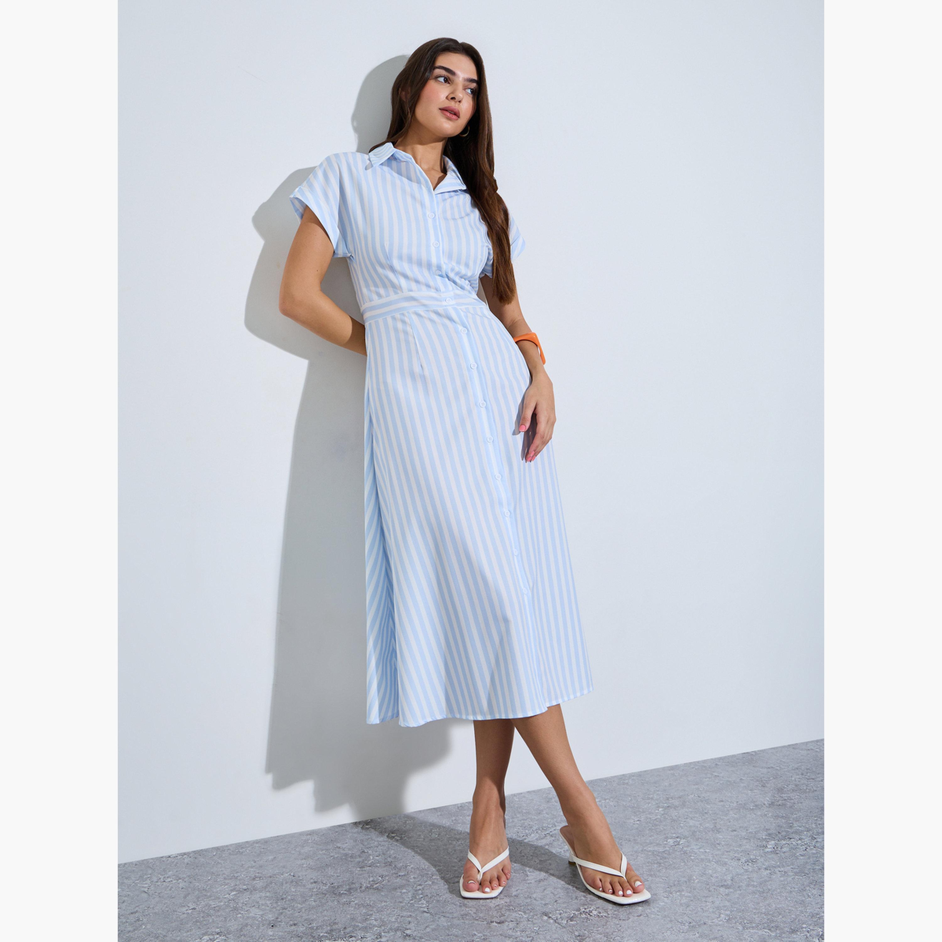 فستان قميص ميدي مخطط أزرق-women-clothing-dresses-image-1