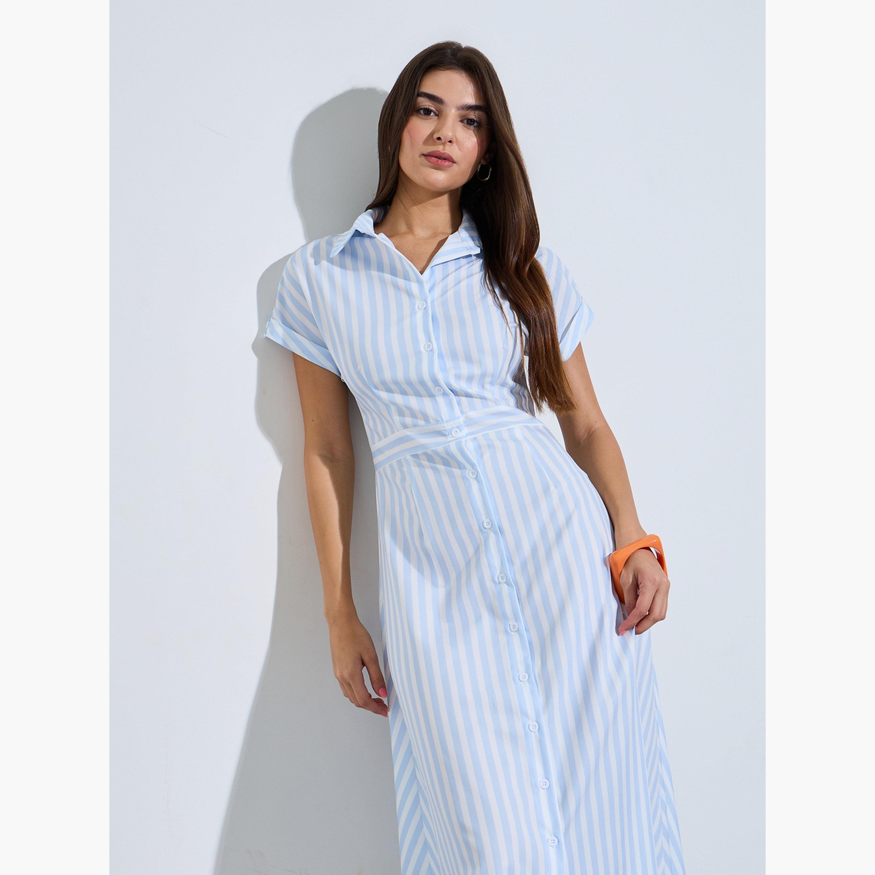 فستان قميص ميدي مخطط أزرق-women-clothing-dresses-image-2