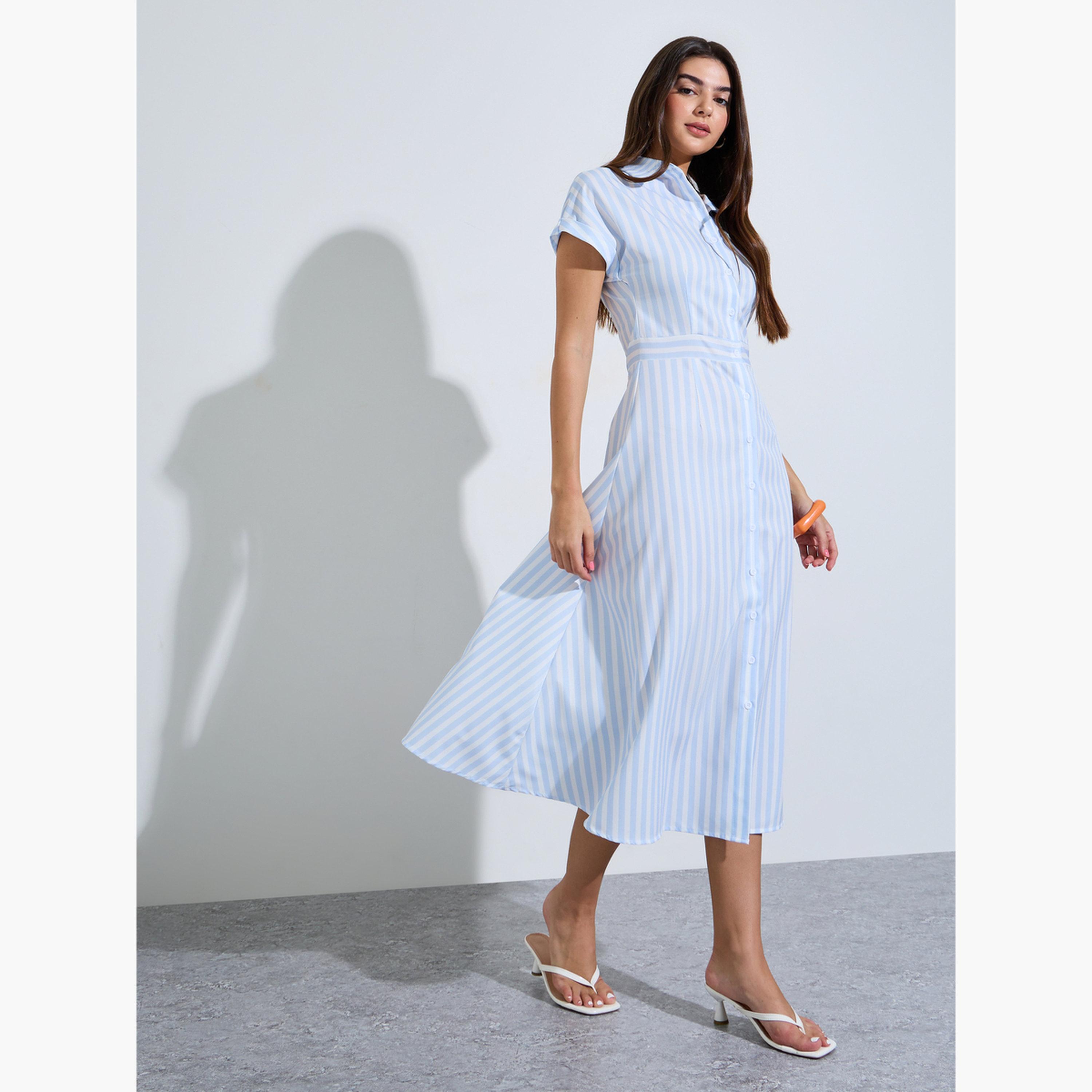 فستان قميص ميدي مخطط أزرق-women-clothing-dresses-image-3