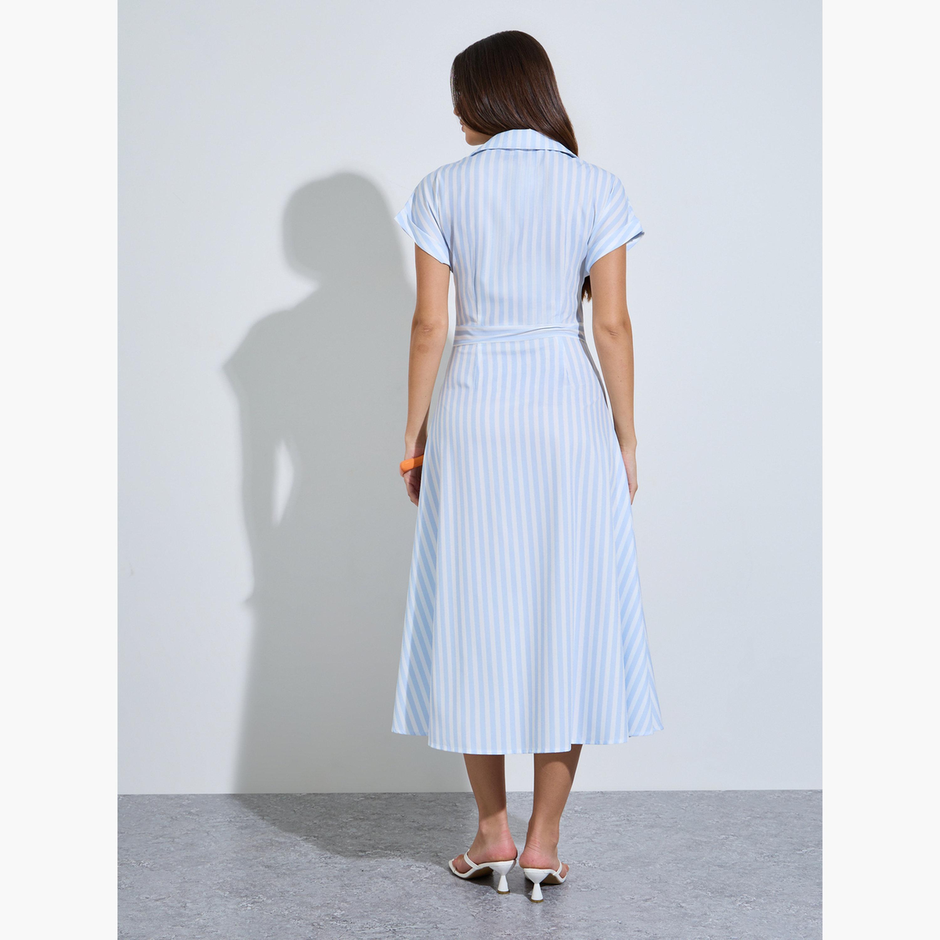 فستان قميص ميدي مخطط أزرق-women-clothing-dresses-image-4