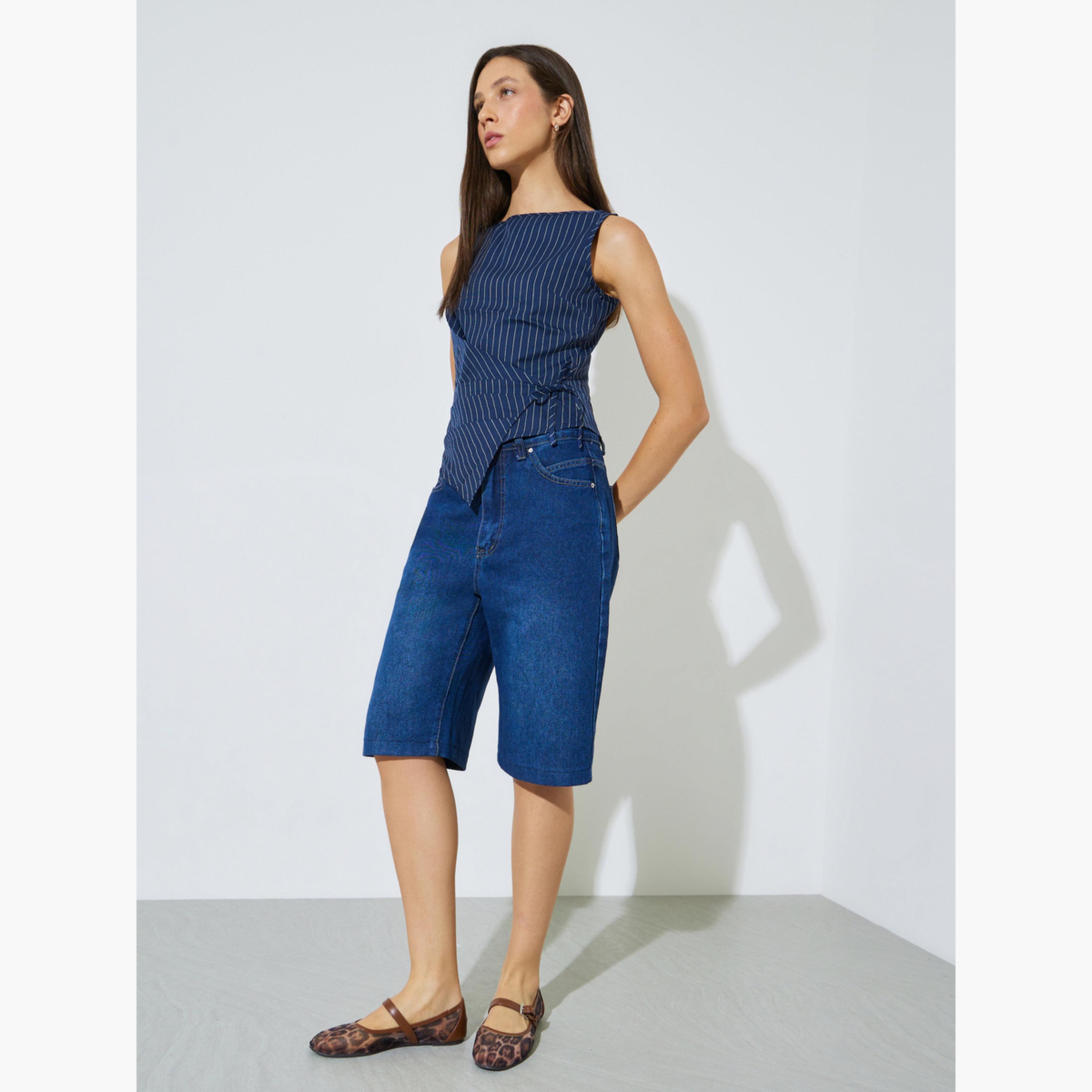 Styli Navy Blue Pinstripe Sleeveless Wrap Top-women-clothing-shirtsandblouses-blouses-image-2