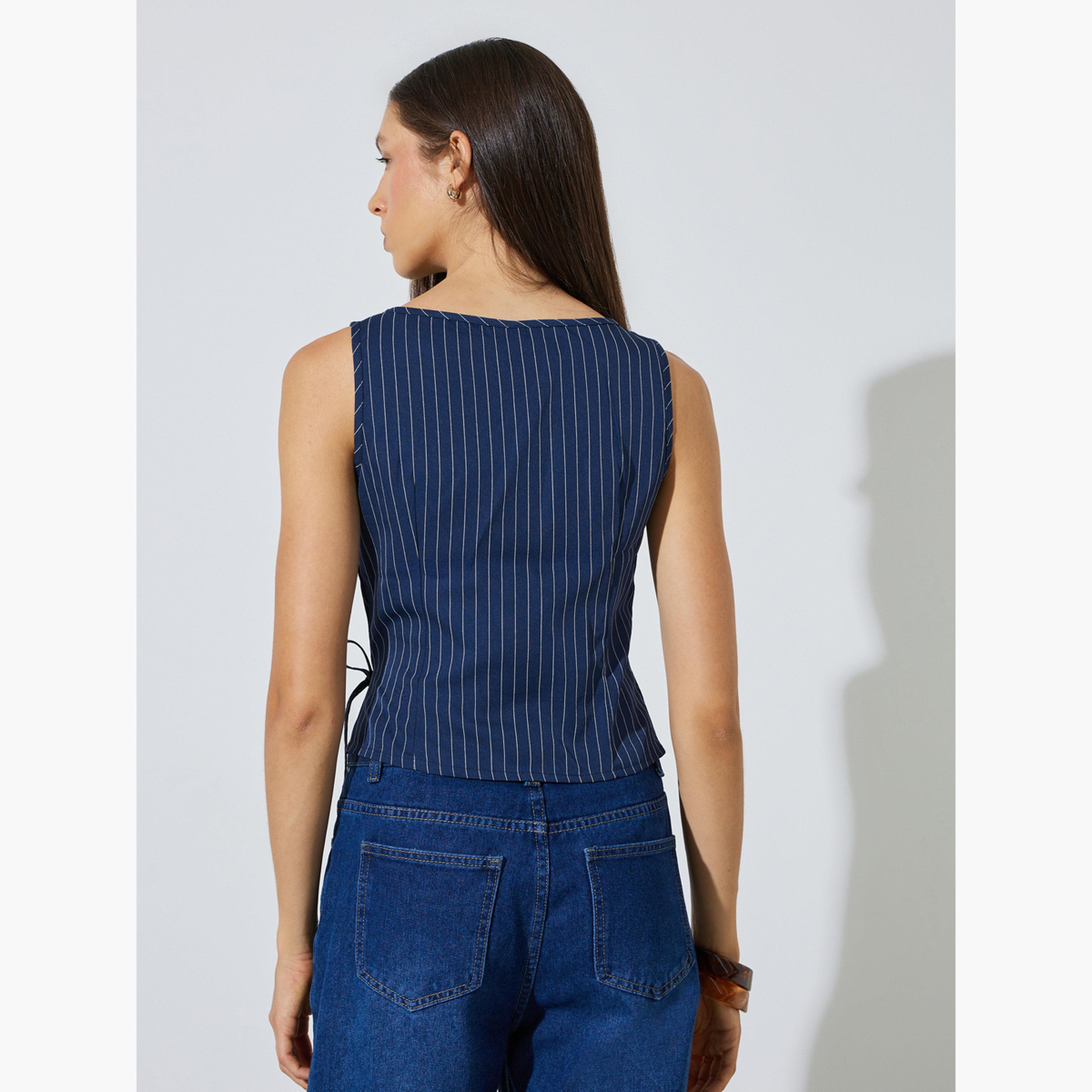 Styli Navy Blue Pinstripe Sleeveless Wrap Top-women-clothing-shirtsandblouses-blouses-image-3