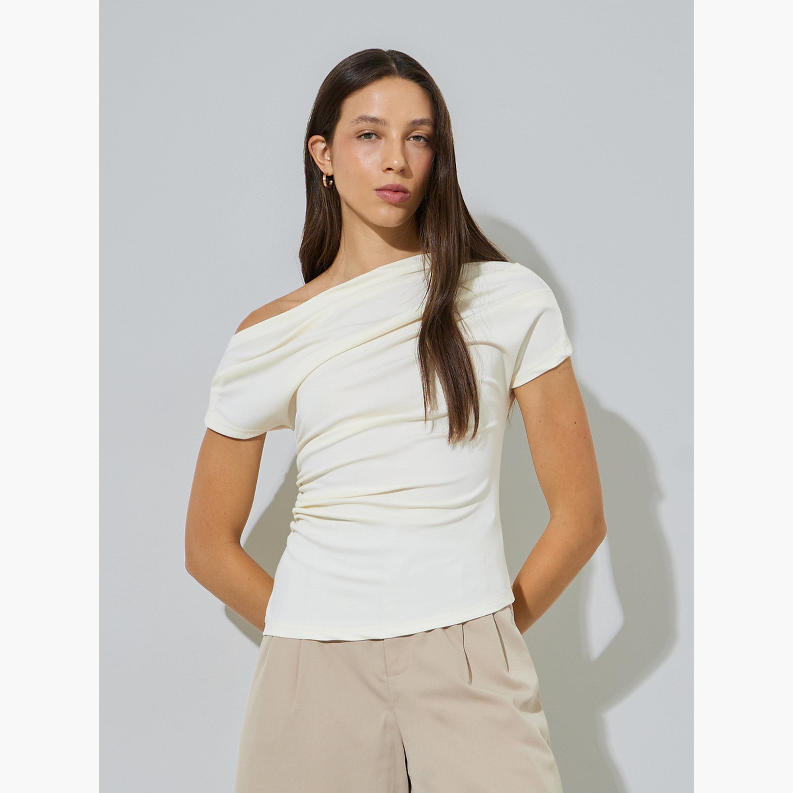 Styli Cream Asymmetric Neck Fitted Knit Top-women-clothing-shirtsandblouses-blouses-image-1