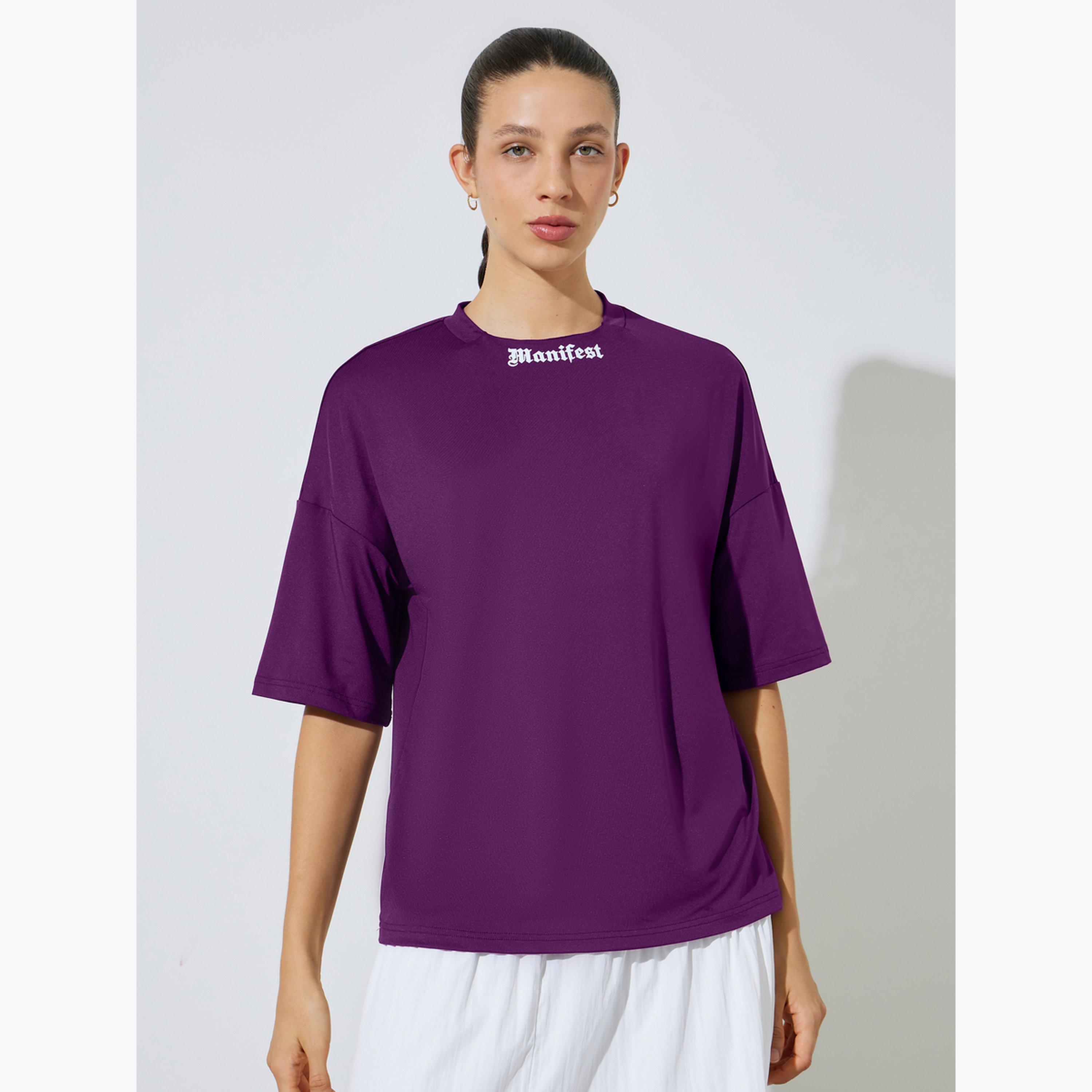 Styli Purple Boxy Fit T-Shirt with Neck Print-women-clothing-tshirts-image-1