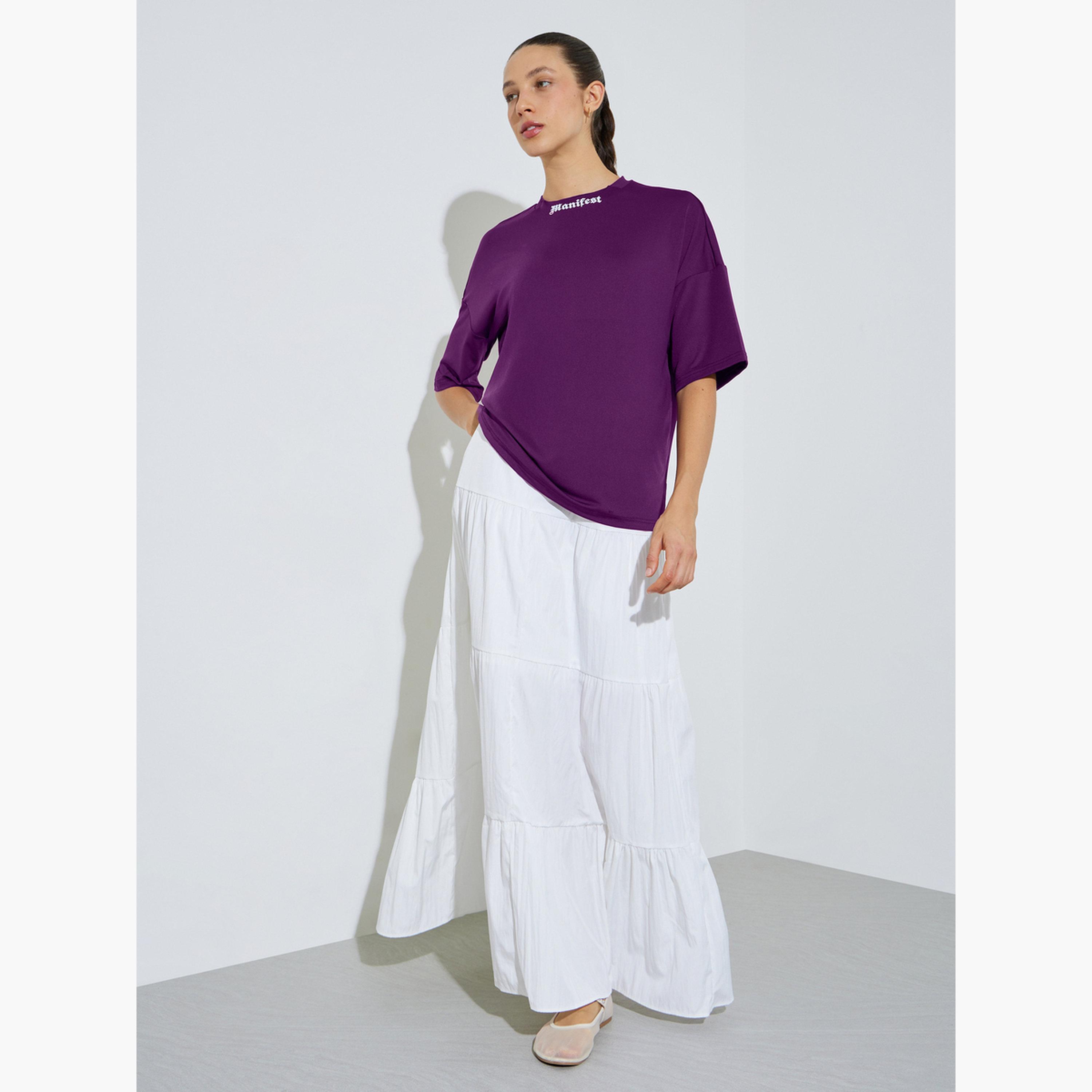 Styli Purple Boxy Fit T-Shirt with Neck Print-women-clothing-tshirts-image-2